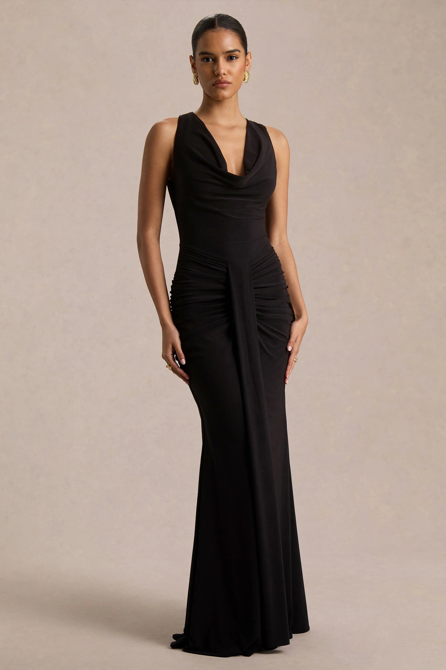 Mallie Black Cowl-Neck Maxi Dress With Gathered-Detailing