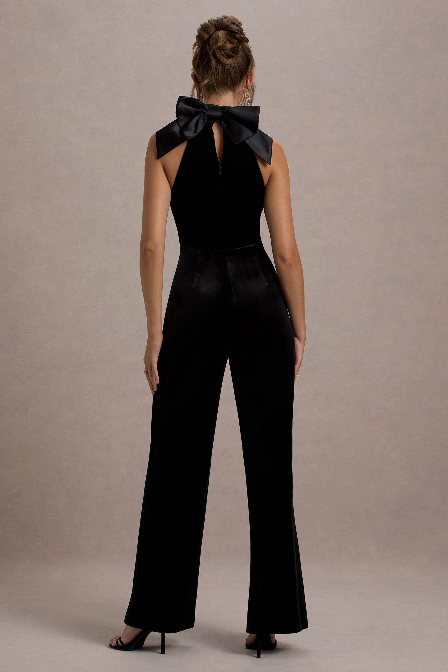 Alondra Black Velvet High-Neck Straight-Leg Jumpsuit