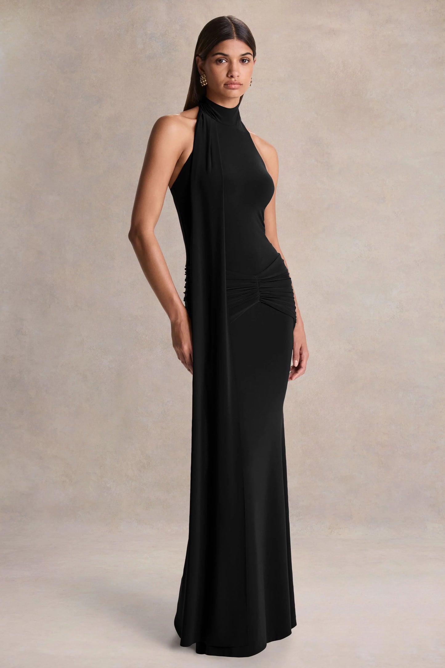 Hyla Black High-Neck Maxi Dress With Sash-Detail