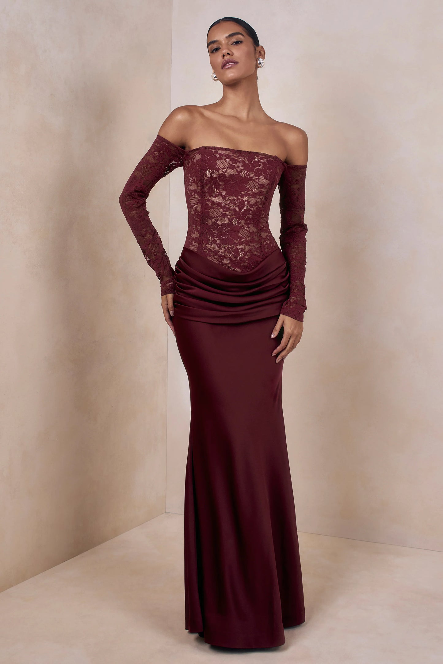 Rinna Burgundy Lace Bardot-Neck Maxi Dress