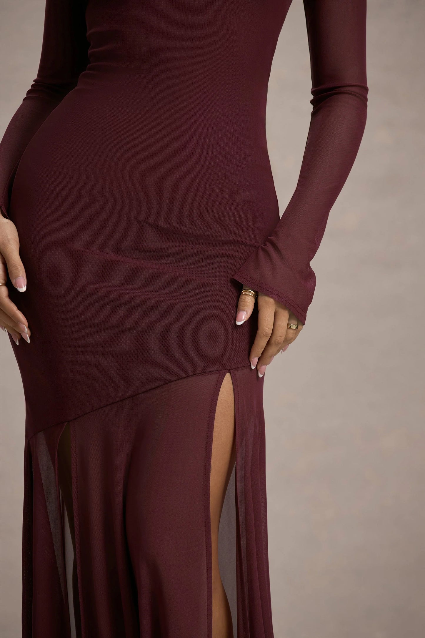 Tigerlily Port Mesh Long-Sleeve Open-Back Maxi Dress