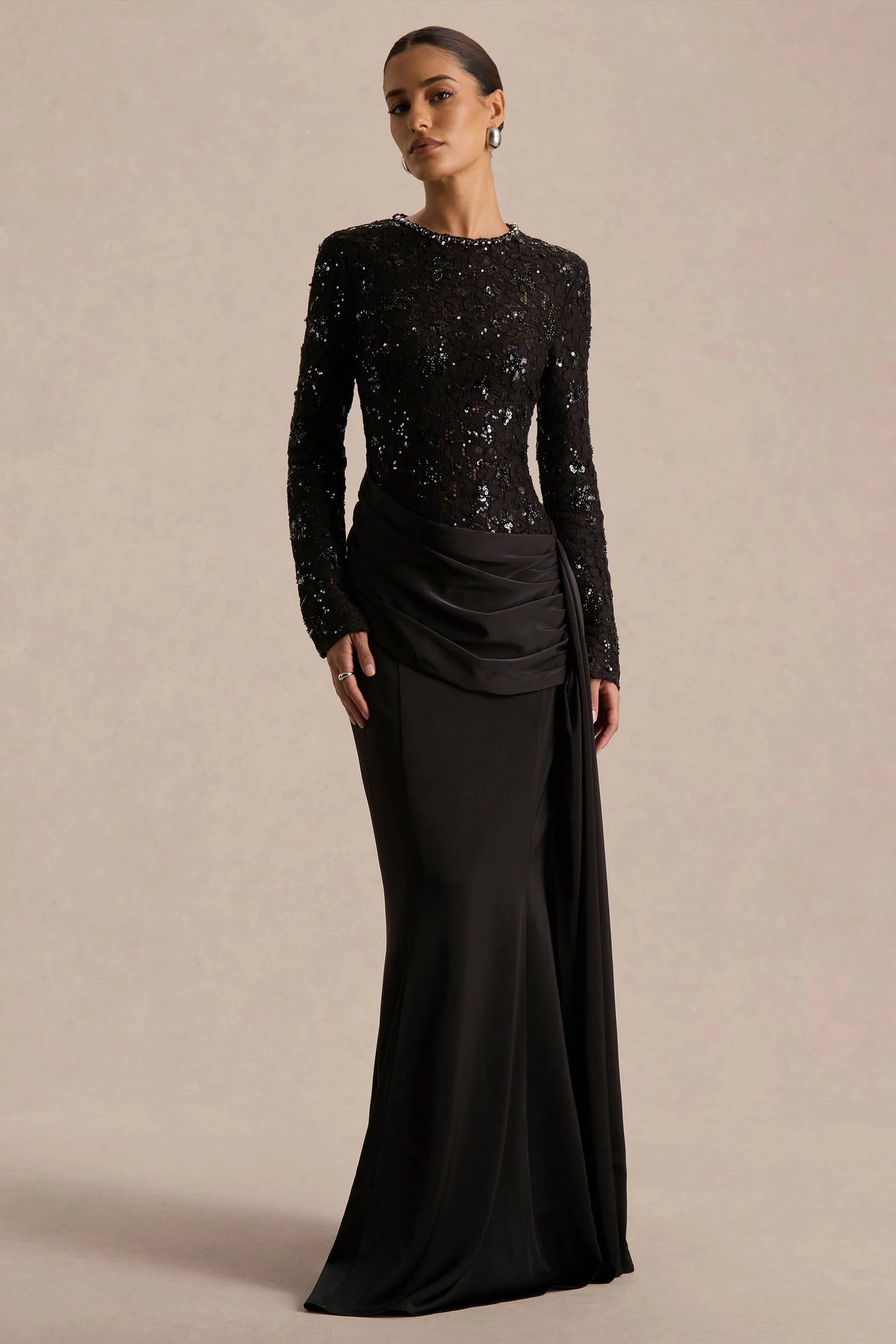 Beau Black Lace High-Neck Maxi Dress With Draped Detail