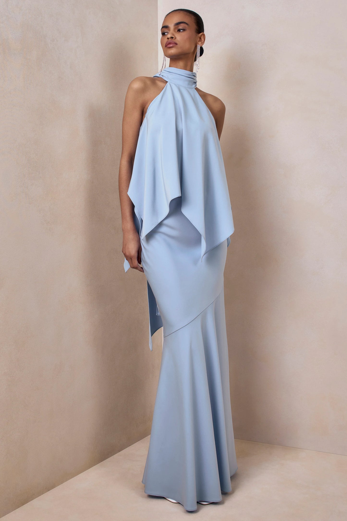 Vayla Powder Blue Matte Satin Asymmetric Drop-Waist Maxi Skirt