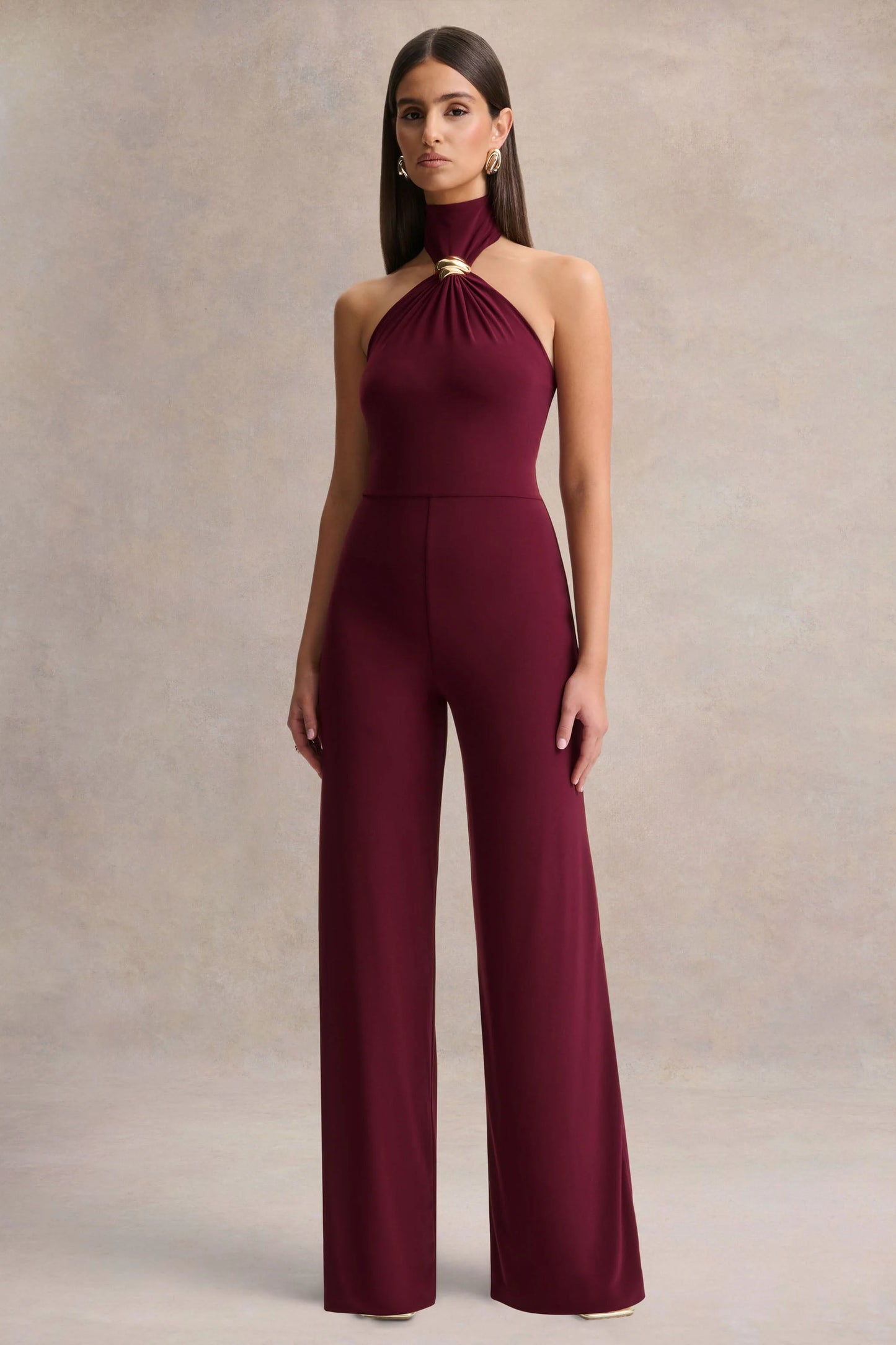Gwen Burgundy High-Neck Jumpsuit With Gold-Detail