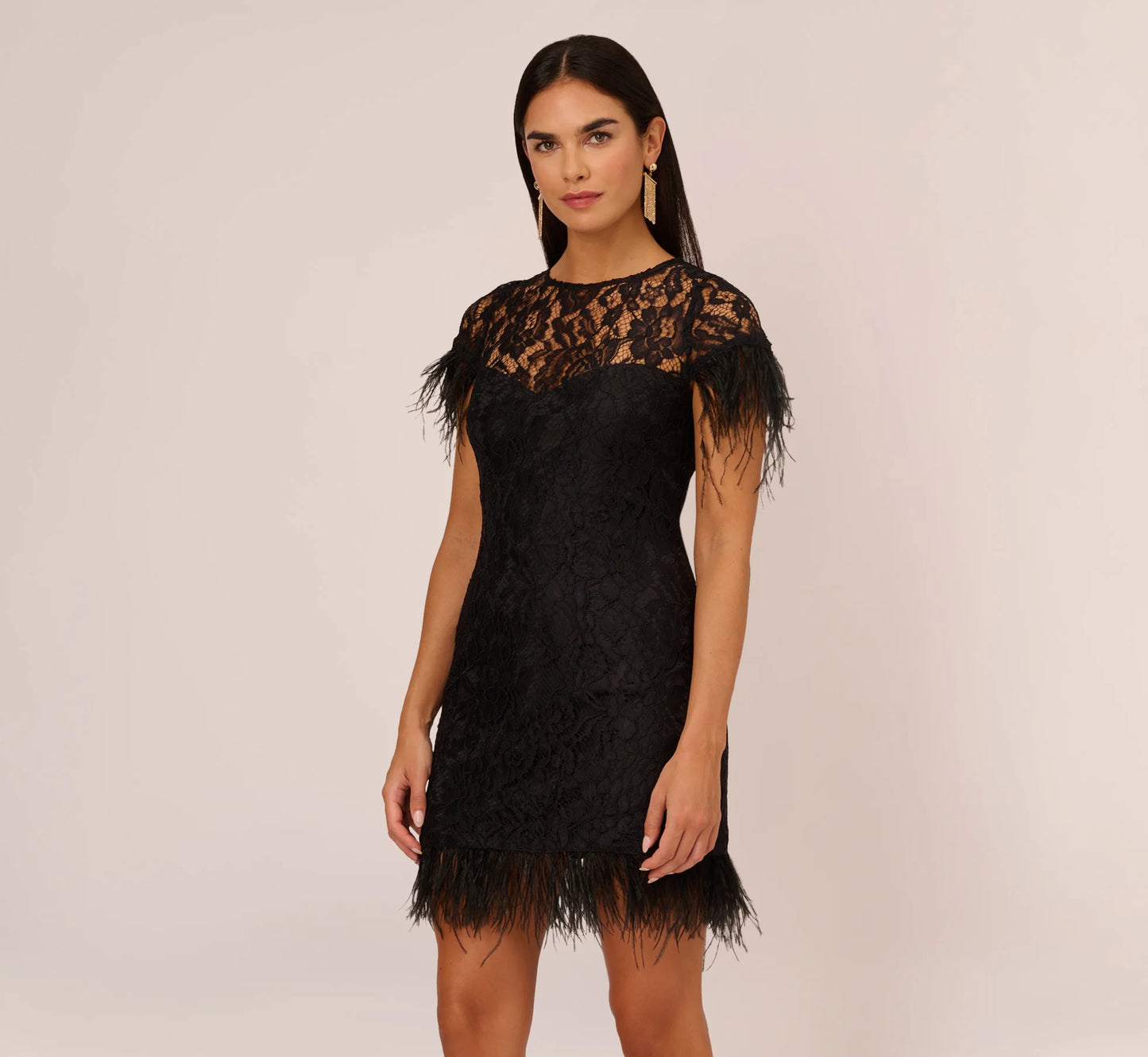 Floral Lace And Feather Trimmed Short Sheath Cocktail Dress In Black
