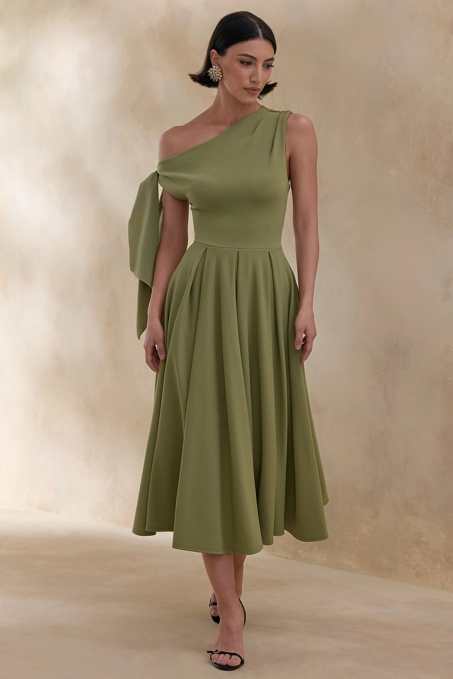 Daring Olive Asymmetric-Neck Midi Dress With Knot-Detail