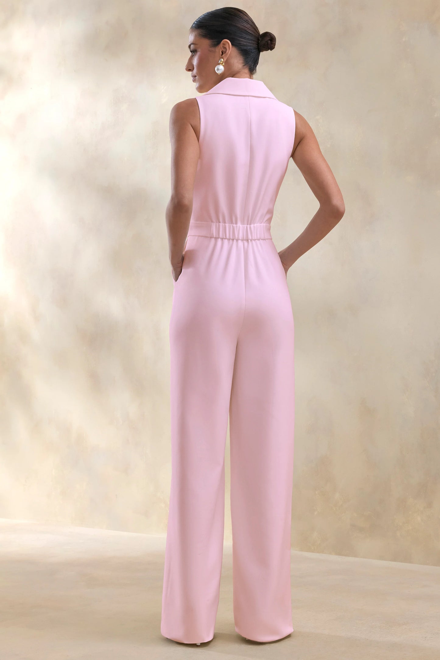 Brillora Light Pink Plunge-Neck Tailored Jumpsuit