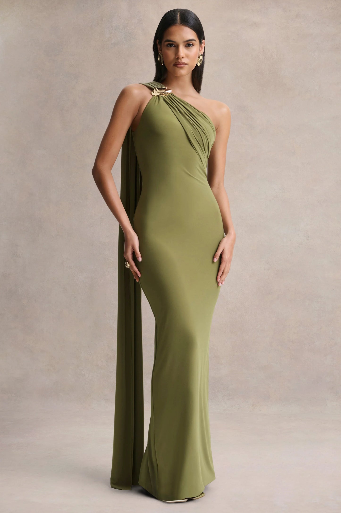 Mandy Olive Asymmetric-Neck Maxi Dress With Gold-Detail
