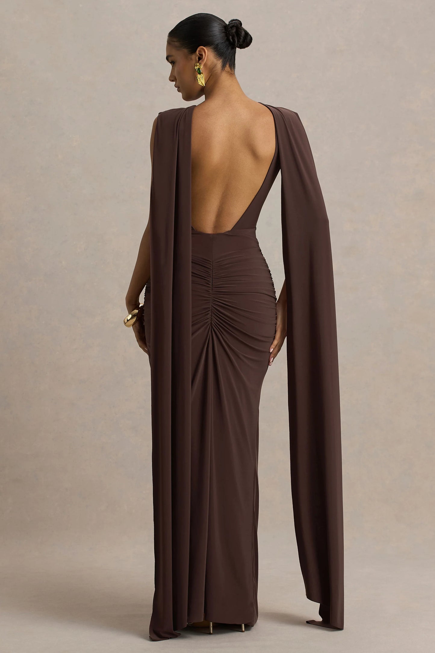 Premiere Brown Boat-Neck Maxi Dress With Cape Sleeves And Open-Back