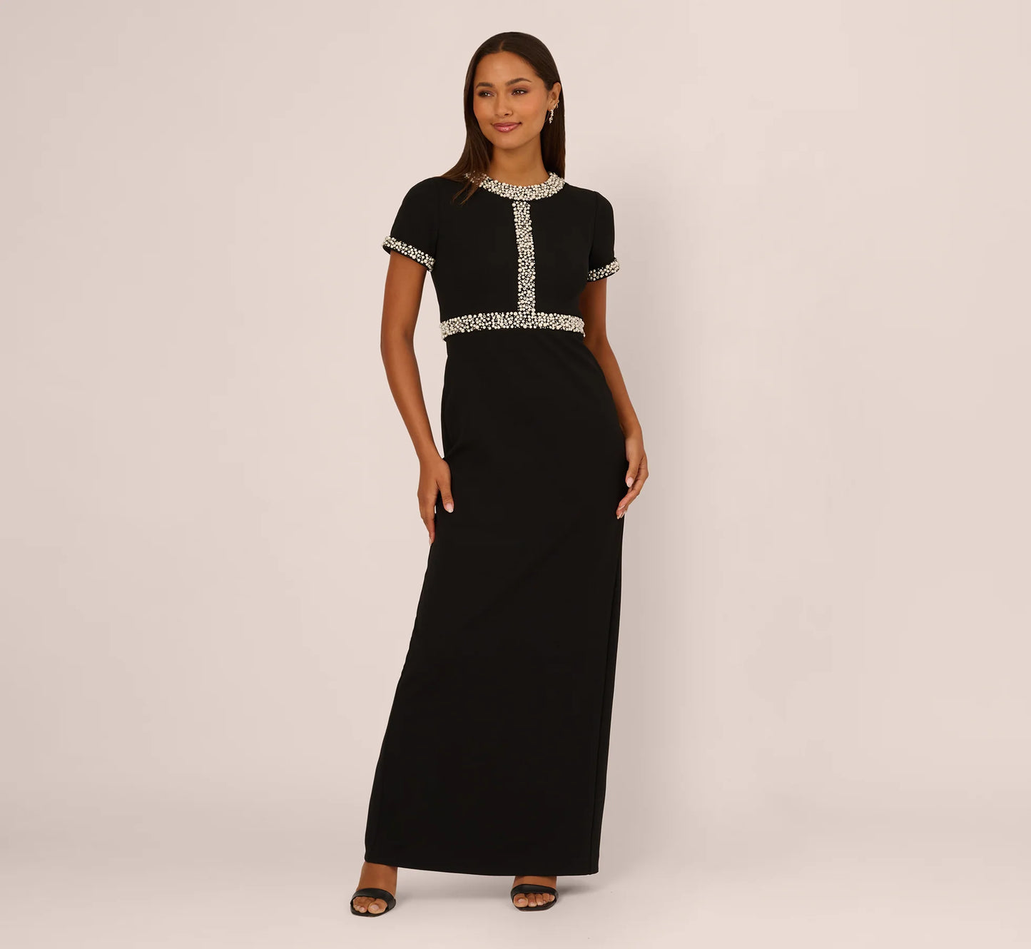 Short Sleeve Stretch Crepe Pearly Beaded Gown In Black Ivory