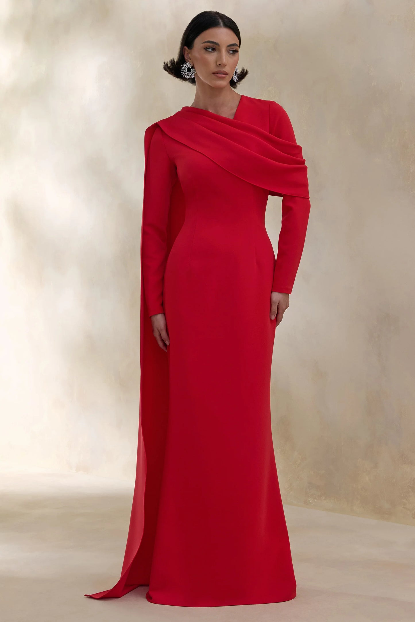 Heliora Red V-Neck Maxi Dress With Sash And Draped-Detail