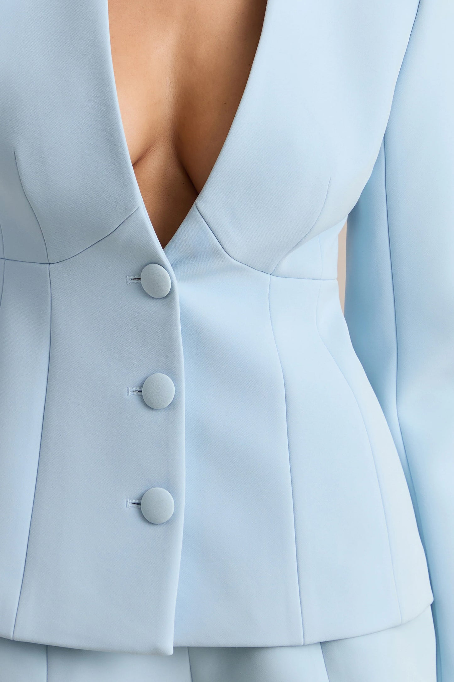 Rosalina Light Blue Extreme-Plunge Neck Tailored Blazer