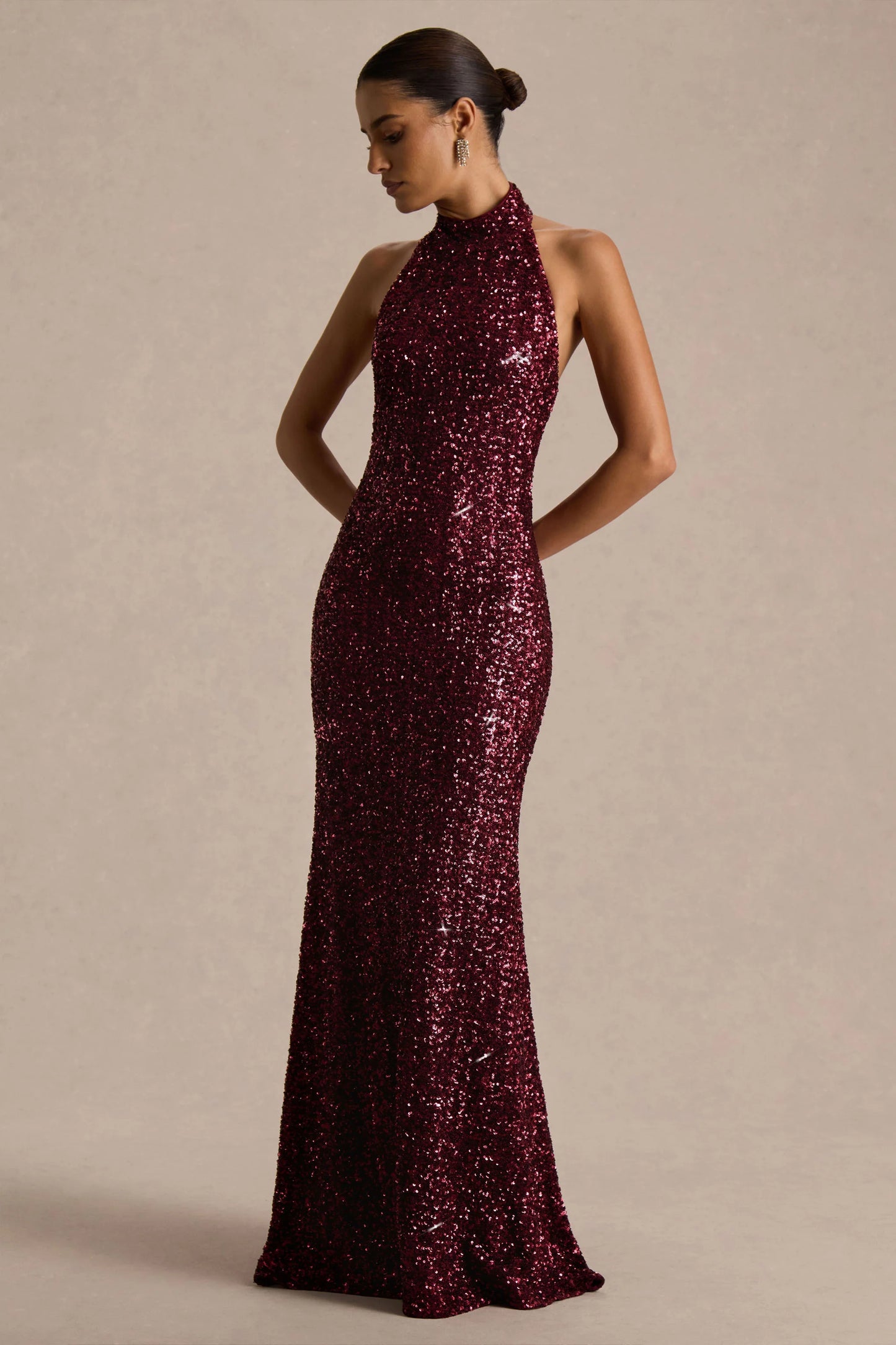 Tulia Burgundy Sequin High-Neck Maxi Dress
