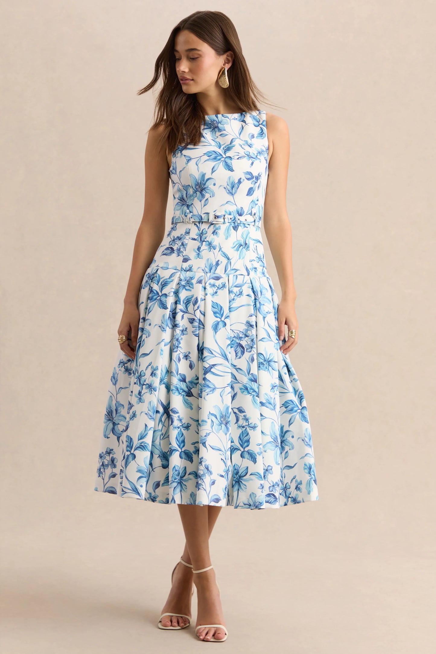 Sunnira Blue Porcelain Print Boat-Neck Midi Dress With Drop-Waist
