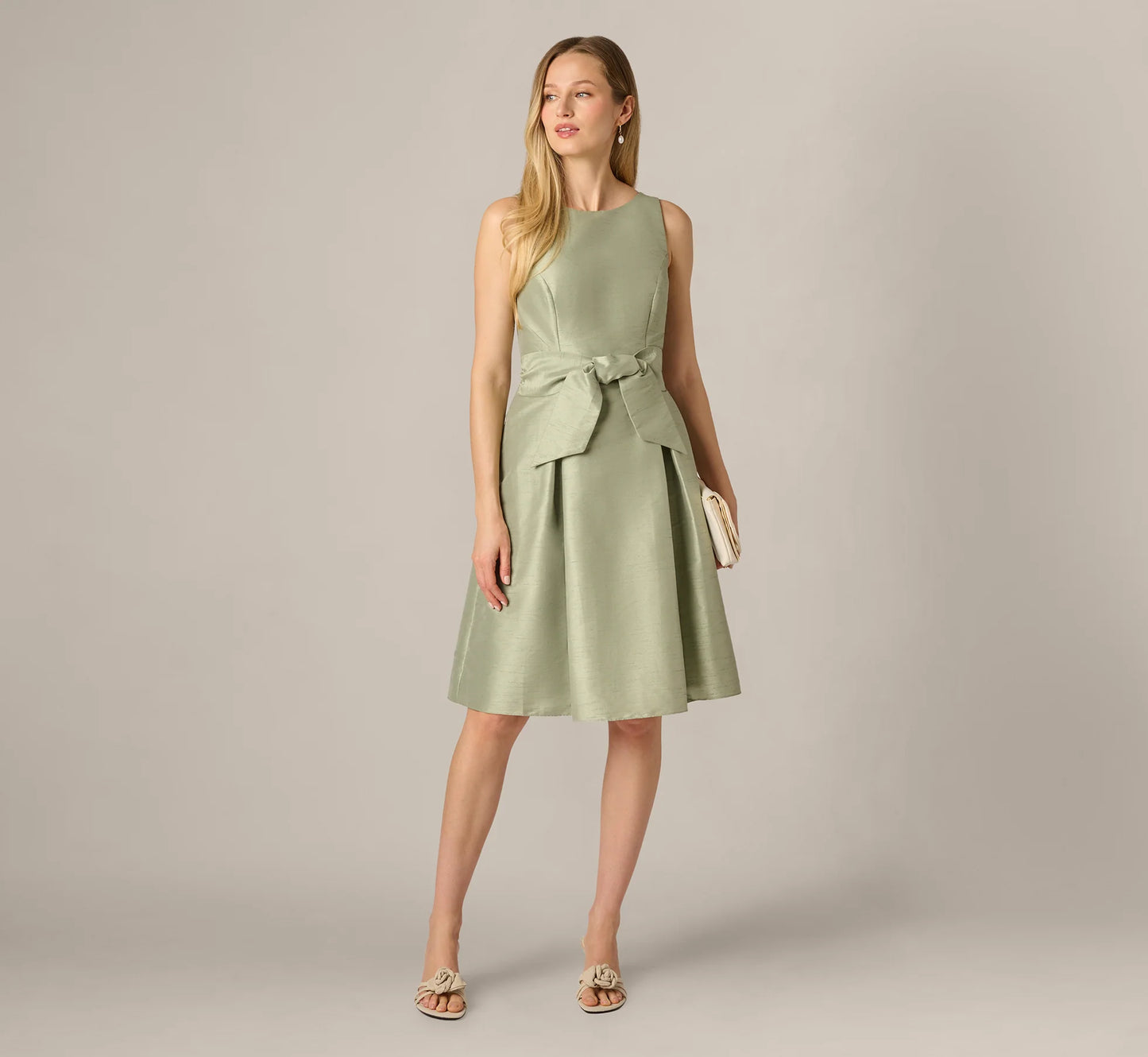 Dupioni Tie Front Fit And Flare Dress In Sage