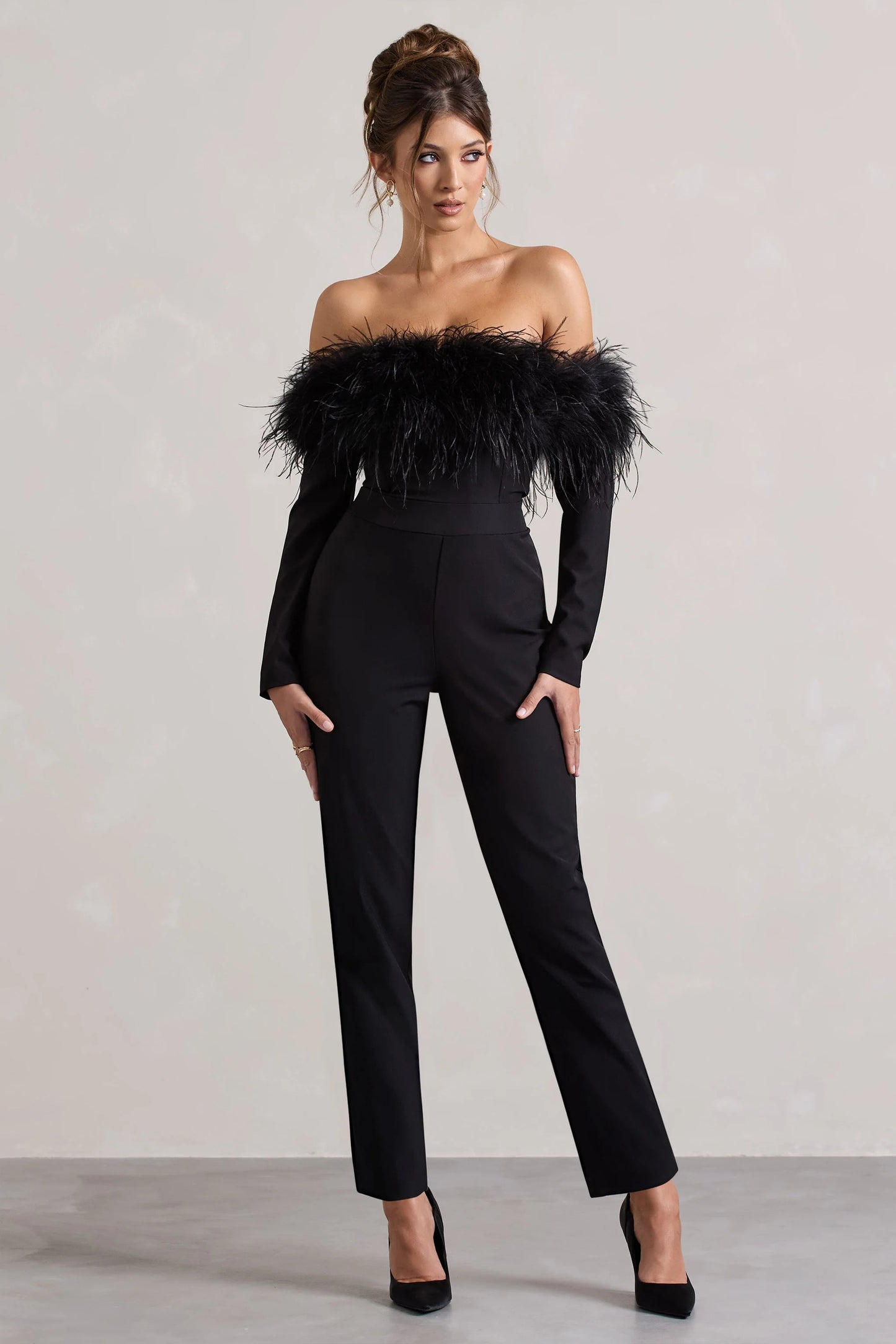 Ales Black Bardot Tailored Straight-Leg Jumpsuit With Feather Trim