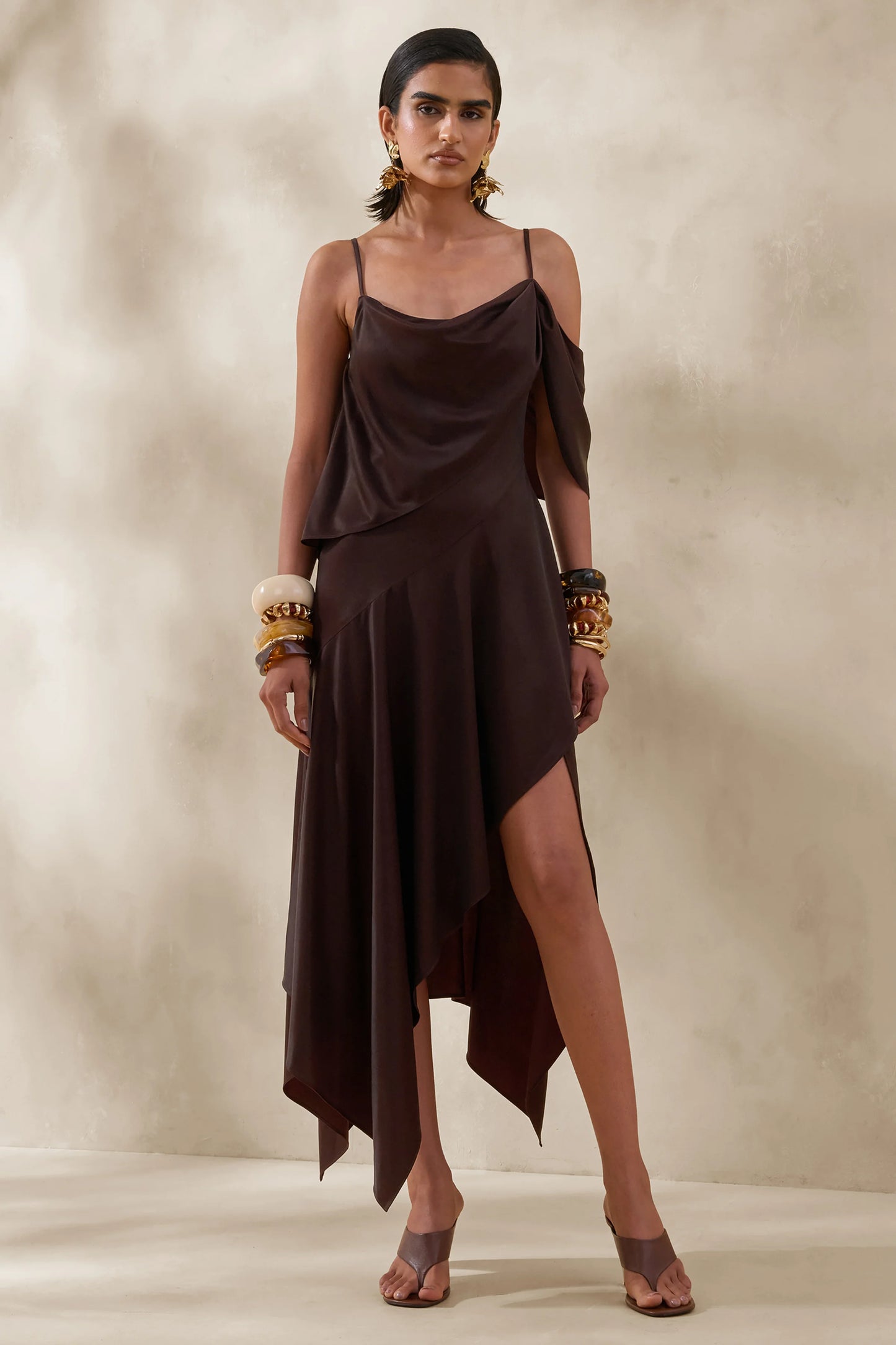 Helira Brown Asymmetric Midi Dress With Draping Detailing and Open-Back