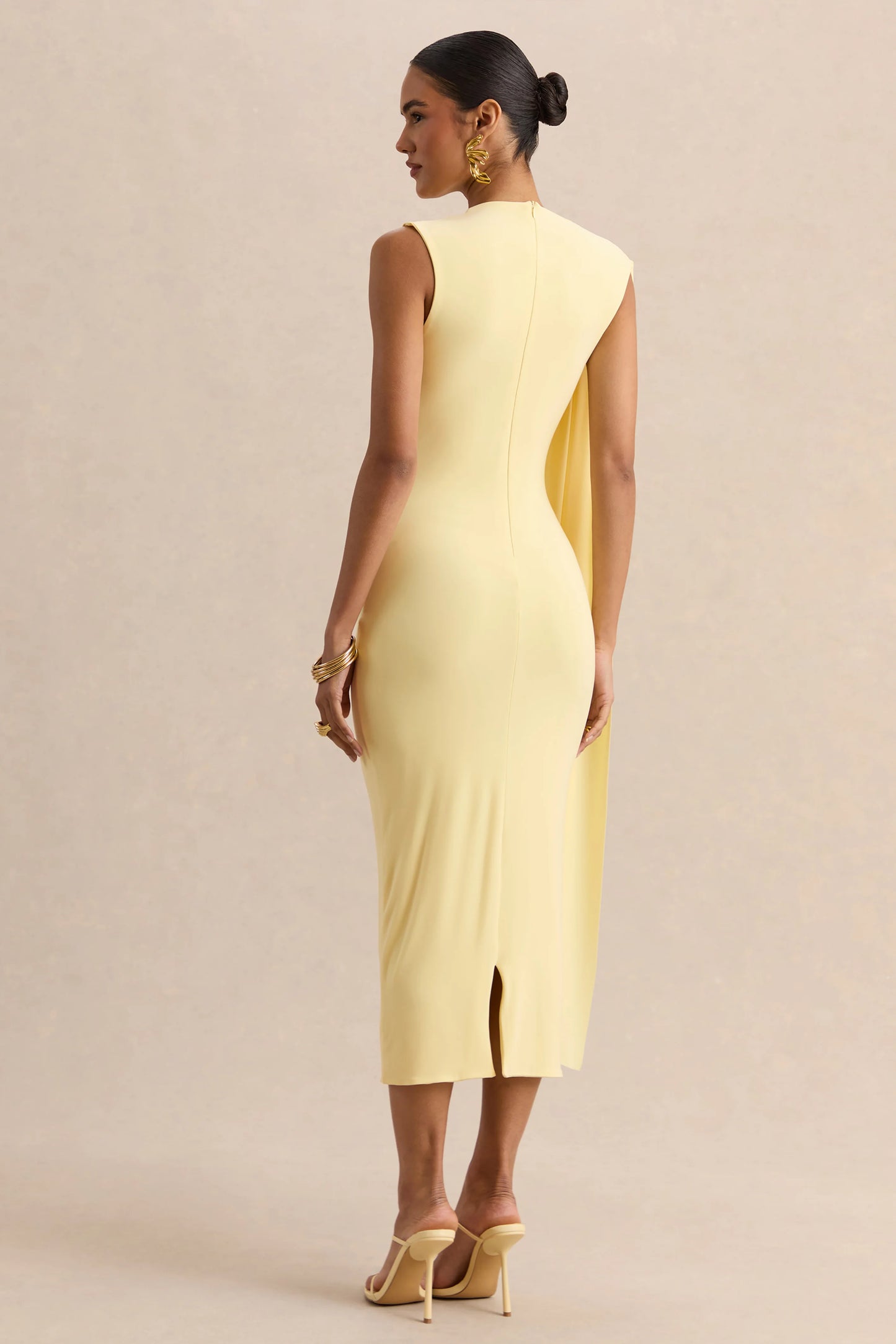 Oleandra Lemon High-Neck Midi-Dress With Draped-Detail