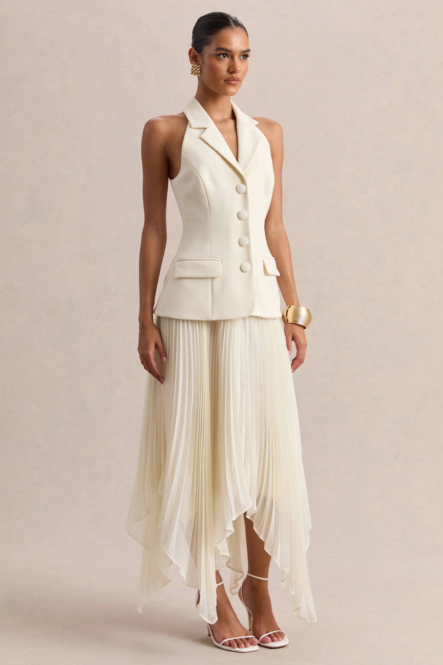 Marvelle Cream Plunge-Neck Maxi Dress With Hanky Hem
