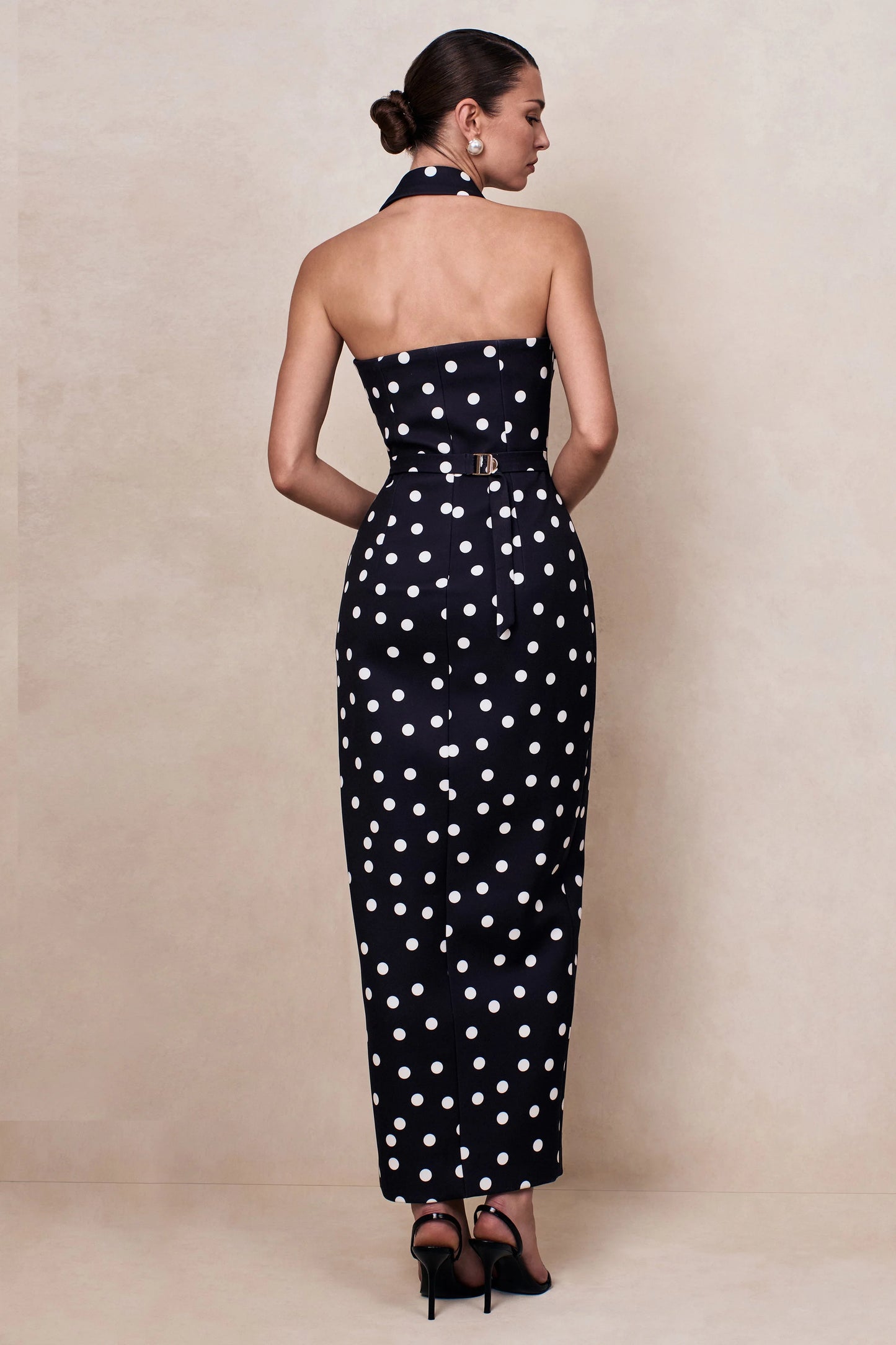 Hana Black & White Polka Dot Plunge-Neck Tailored Maxi Dress