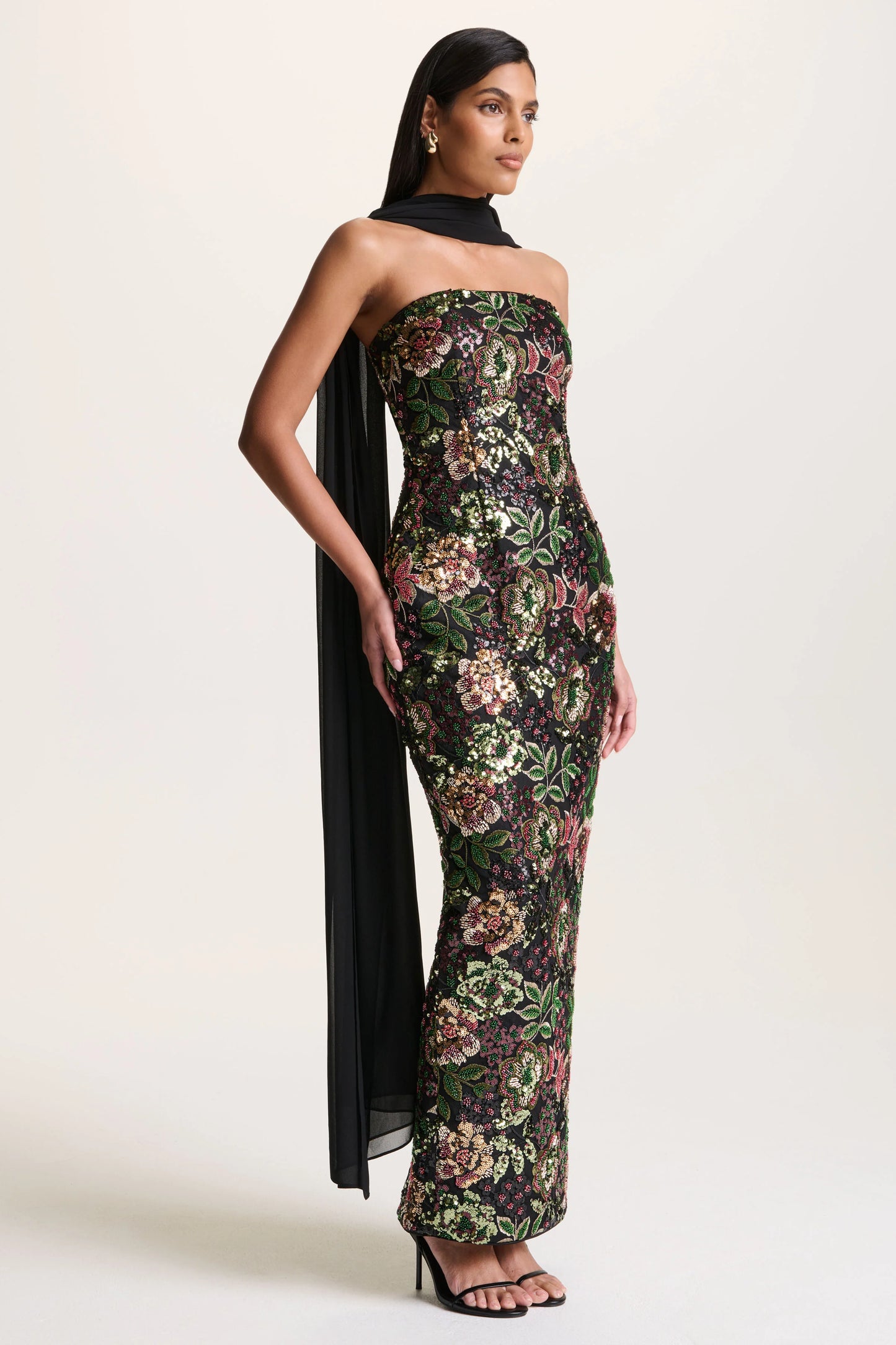 Cora Winter Floral Embellished Mesh Bandeau Maxi Dress With Scarf