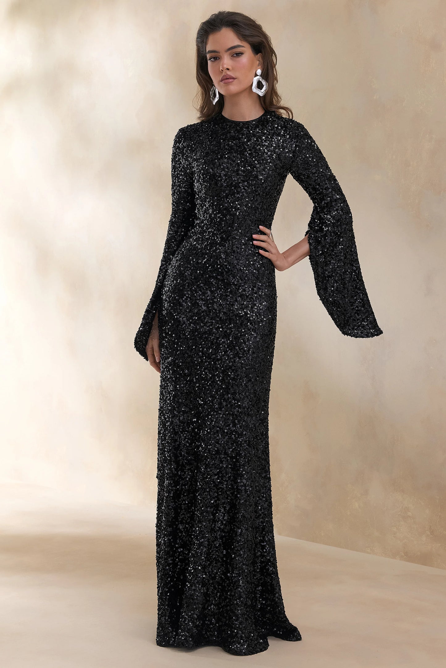Romea Black Sequin High-Neck Maxi Dress With Cape Sleeves