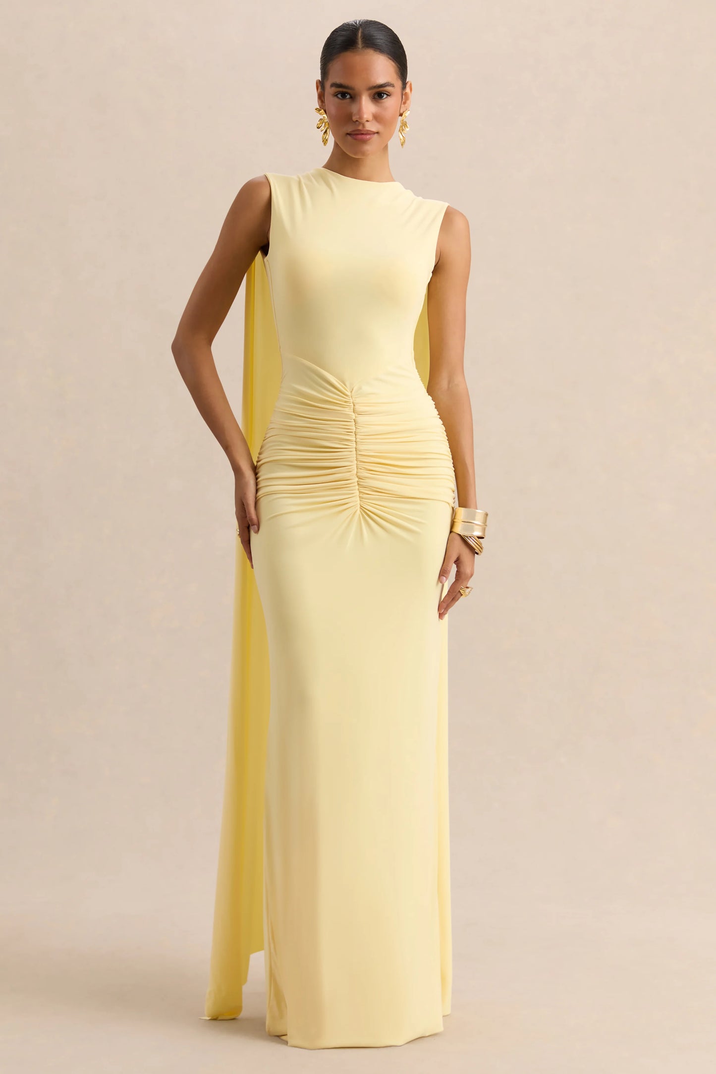 Premiere Lemon Boat-Neck Maxi Dress With Cape-Sleeves And Open-Back