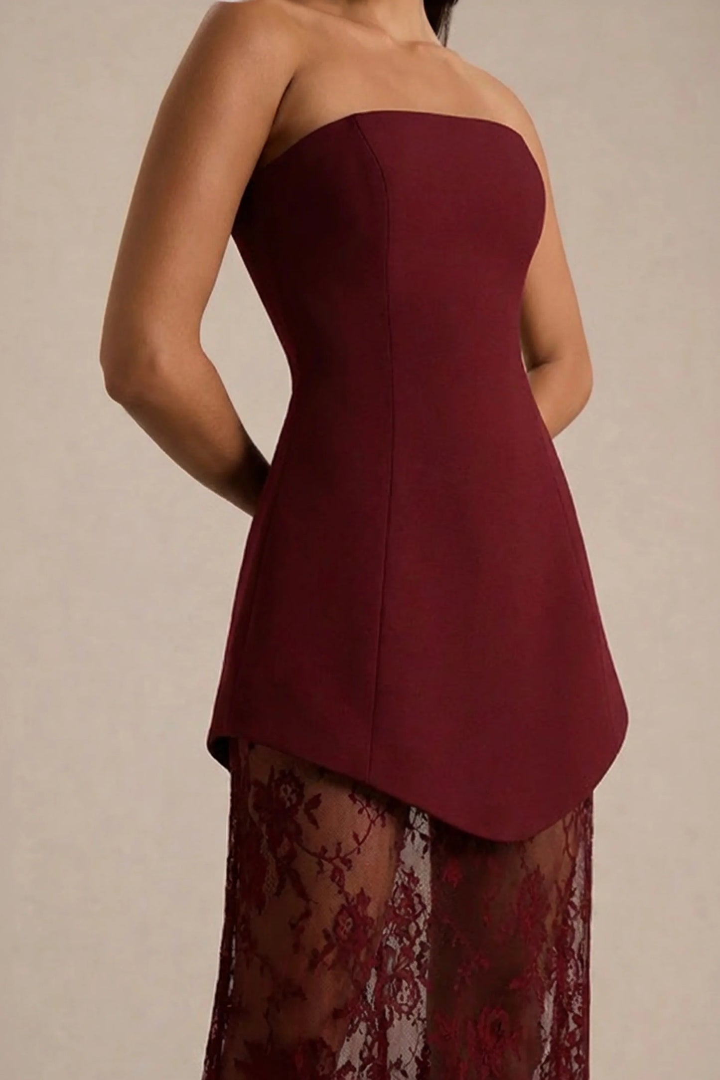 Brandi Burgundy Bandeau Maxi Dress With Lace Skirt