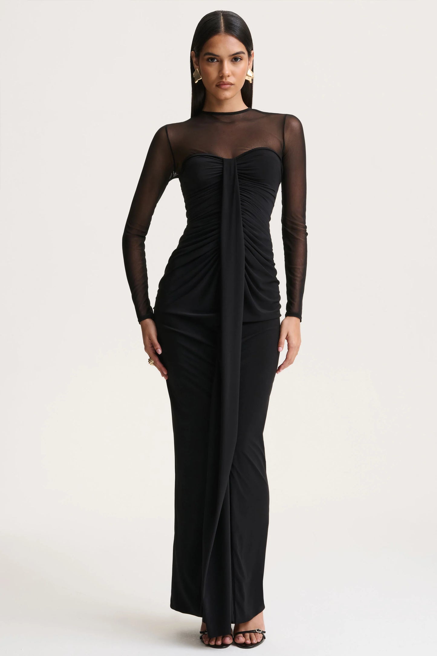 Cadenza Black Crew-Neck Maxi Dress With Mesh And Gathered-Detailing
