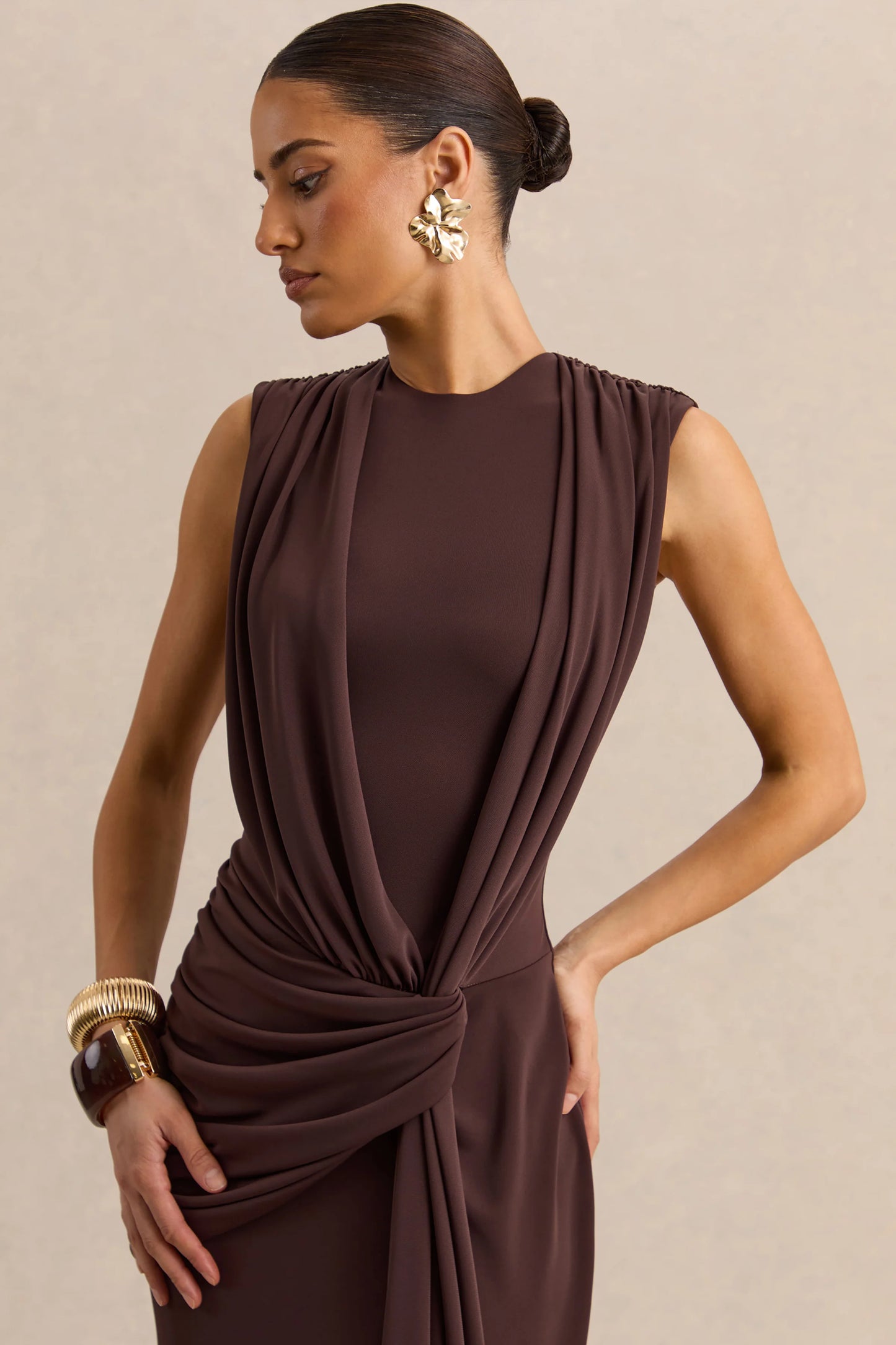 Blythia Brown Round-Neck Maxi Dress With Gathered-Detailing