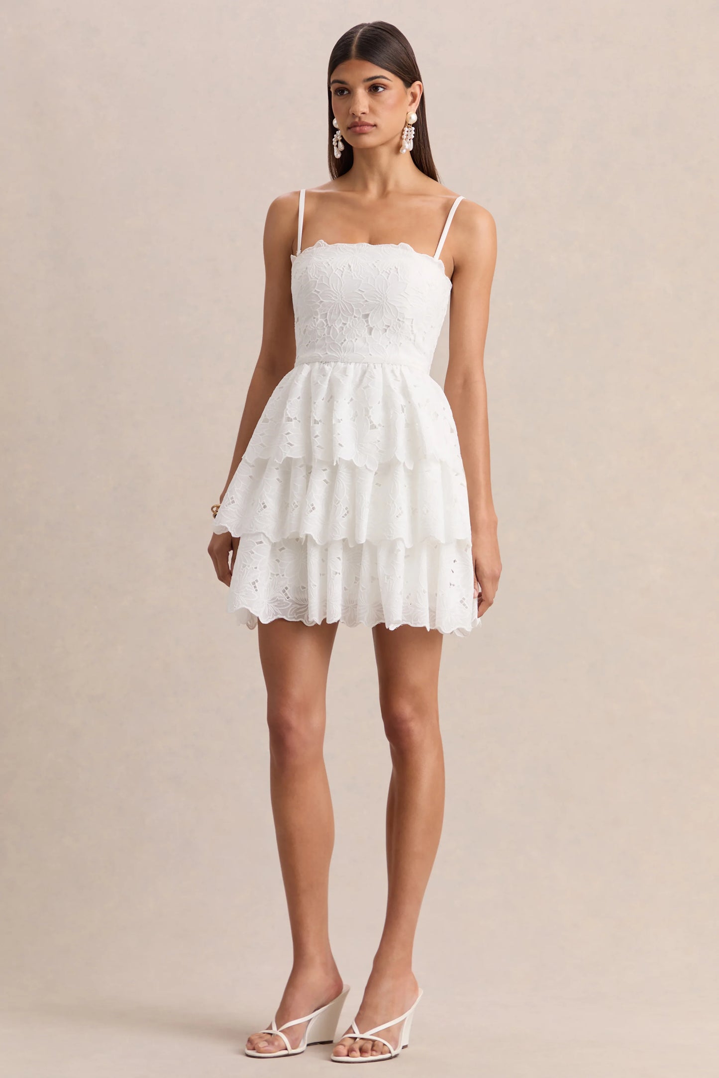 Winona White Lace Square-Neck Mini Dress With Ruffled Detailing