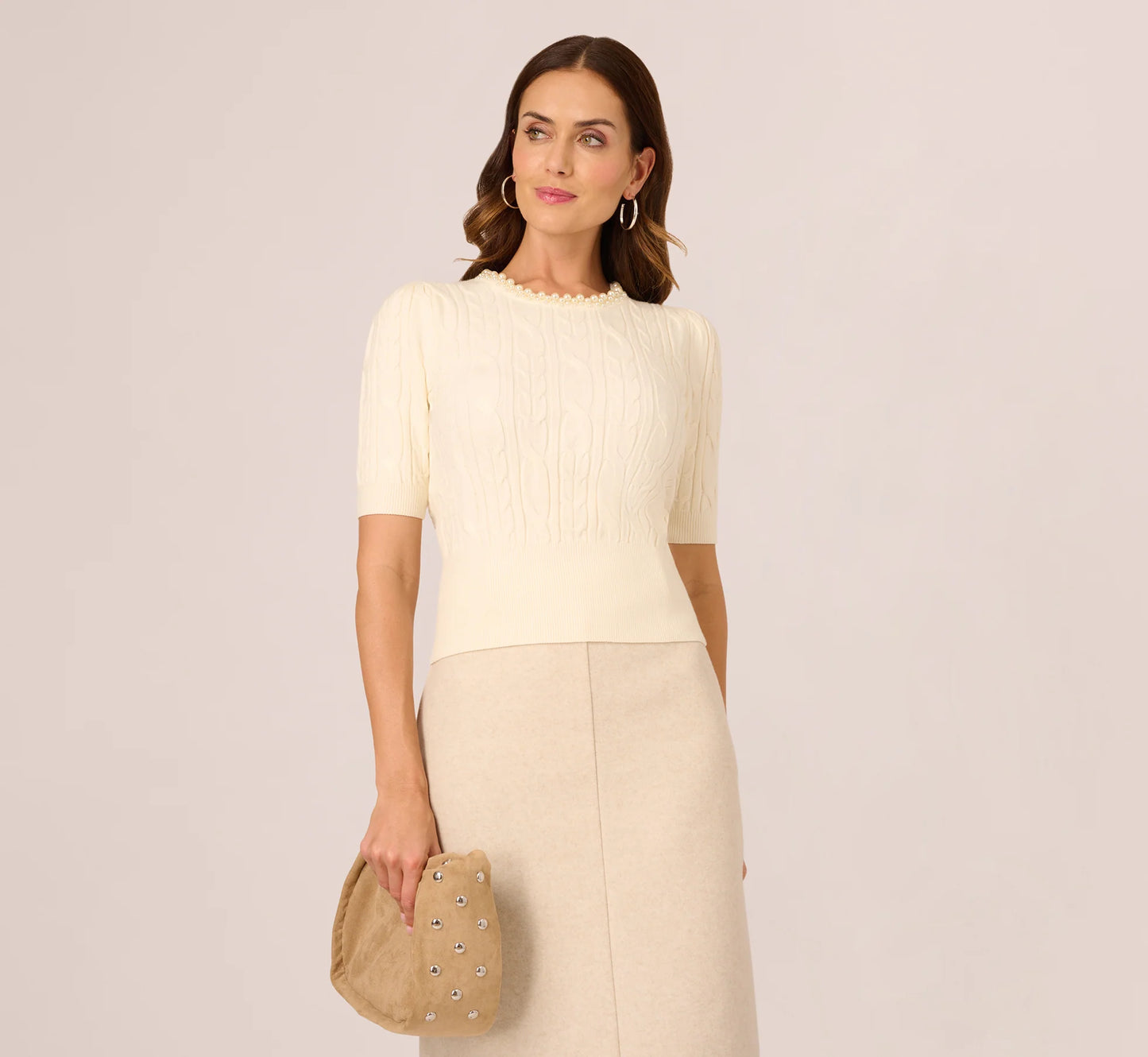 Short Sleeve Pearly Collar Sweater In Sugar Cream