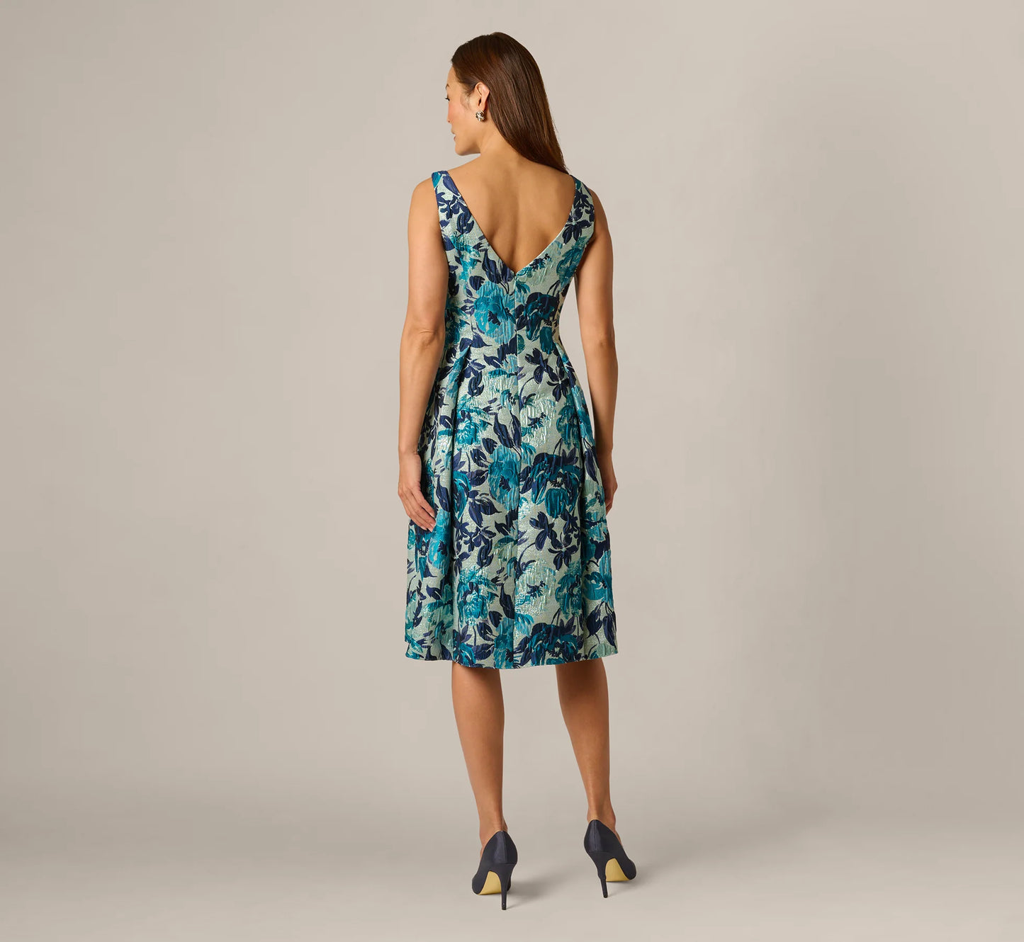 Metallic Floral Jacquard Boat Neck Fit And Flare In Blue Multi