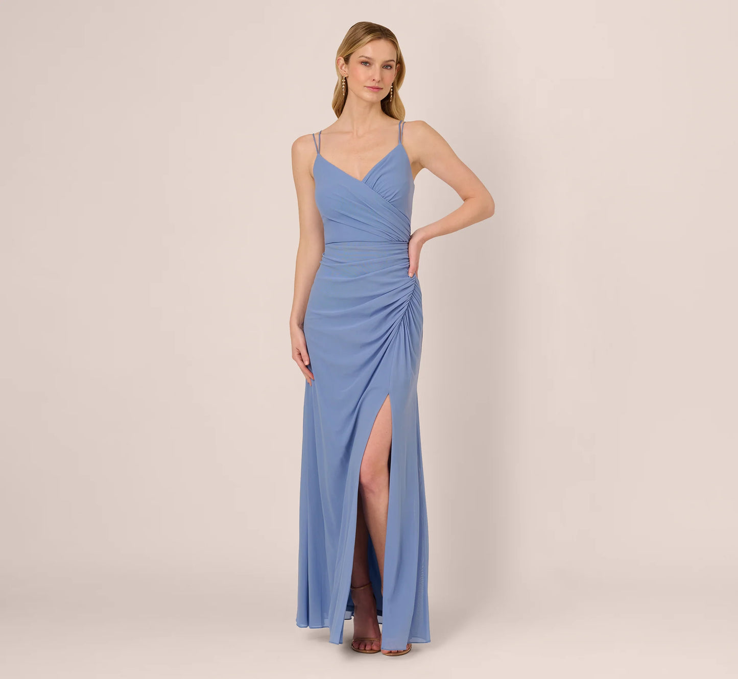 Sleeveless Mesh Gathered And Draped Gown In French Blue