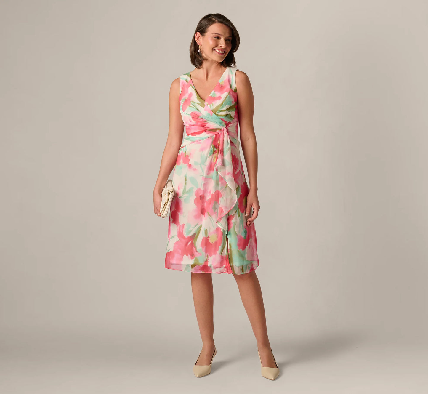 Sleeveless Draped Floral Chiffon Midi Sheath Dress In Coral Green Multi