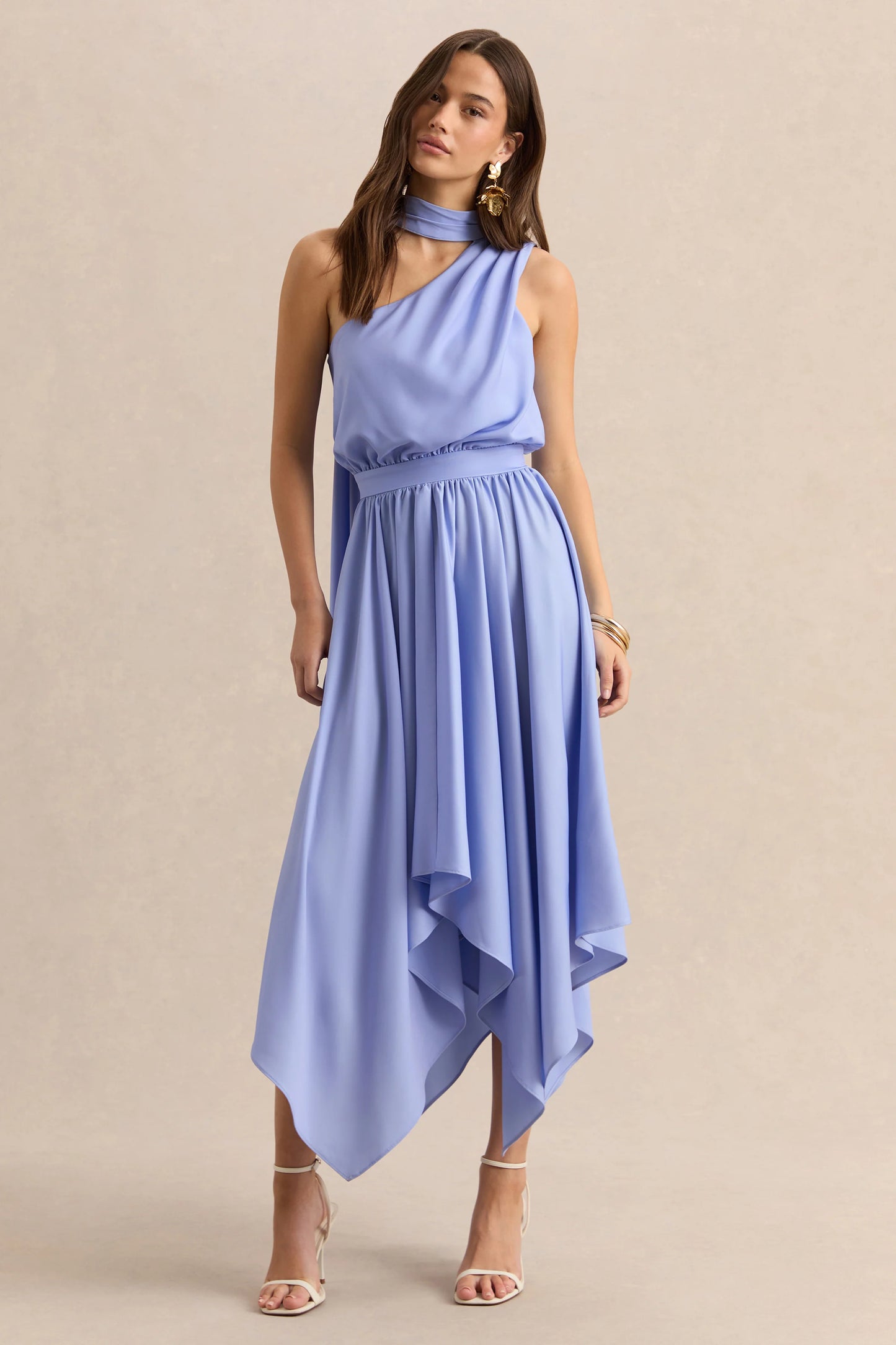 Caluna Powder Blue Satin Asymmetric-Neck Midi Dress With Scarf-Detail