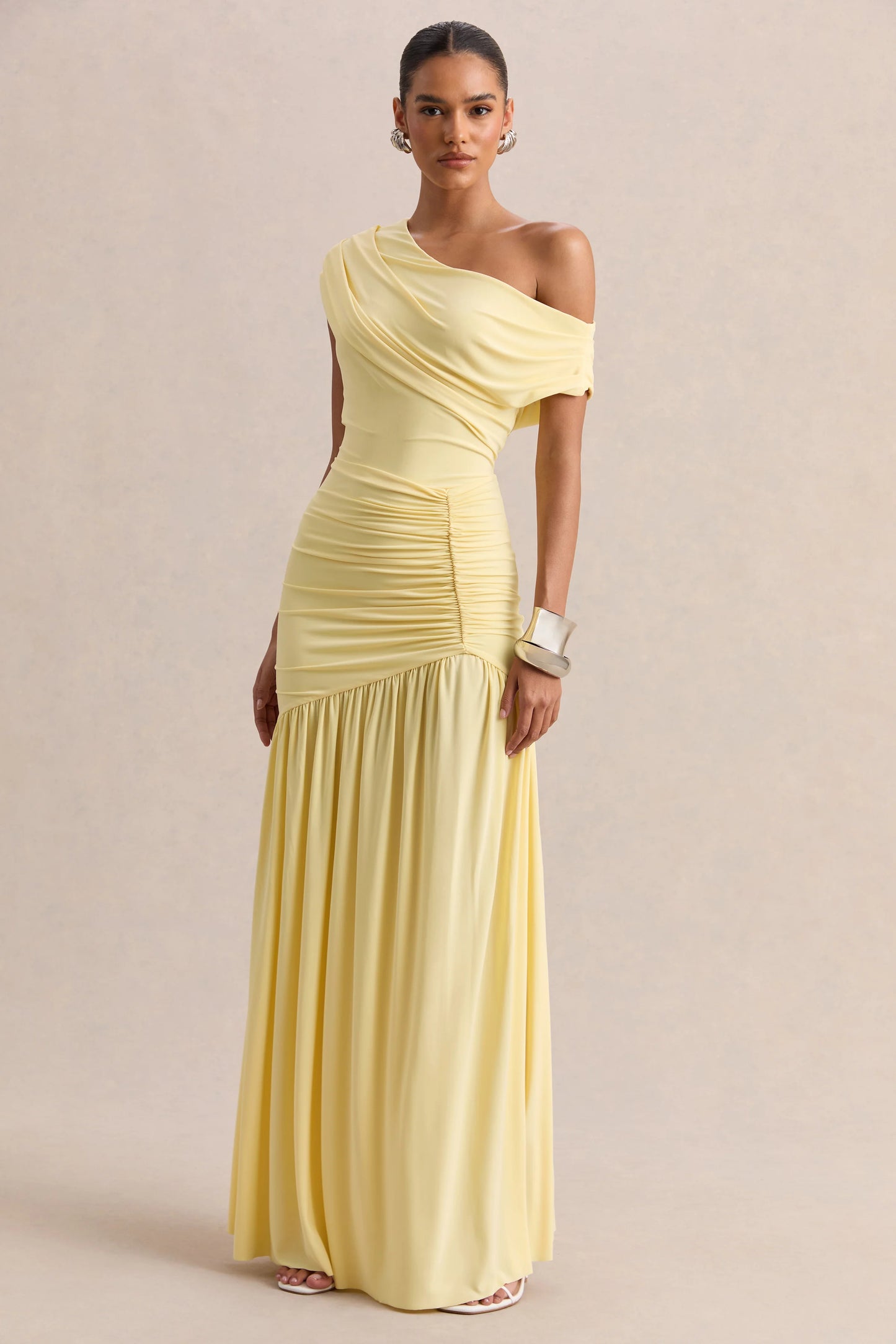 Kady Lemon Asymmetric-Neck Maxi Dress With Ruched Detailing