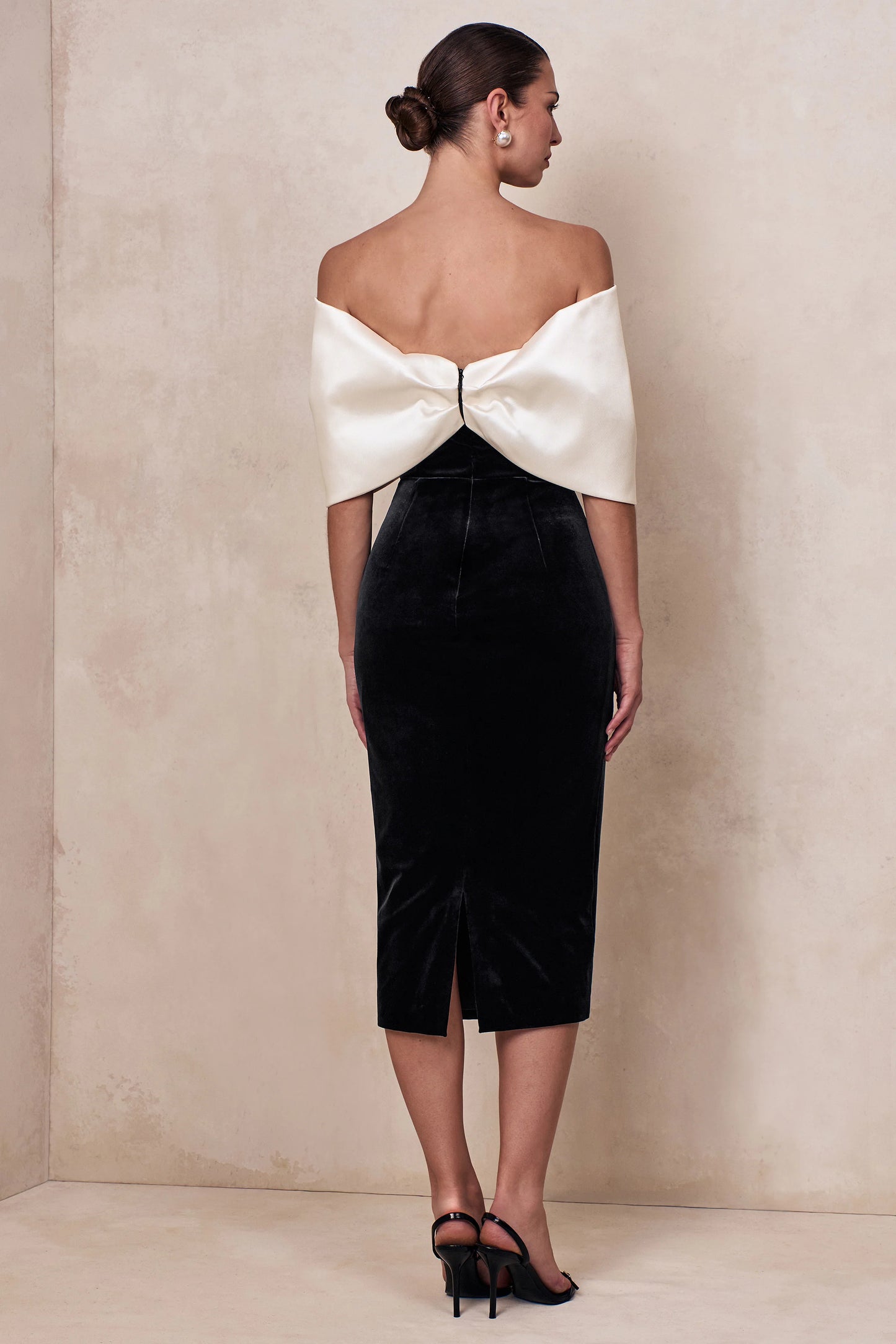 Twilight Black And White Velvet Bardot-Neck Midi Dress With Oversized Satin Bow