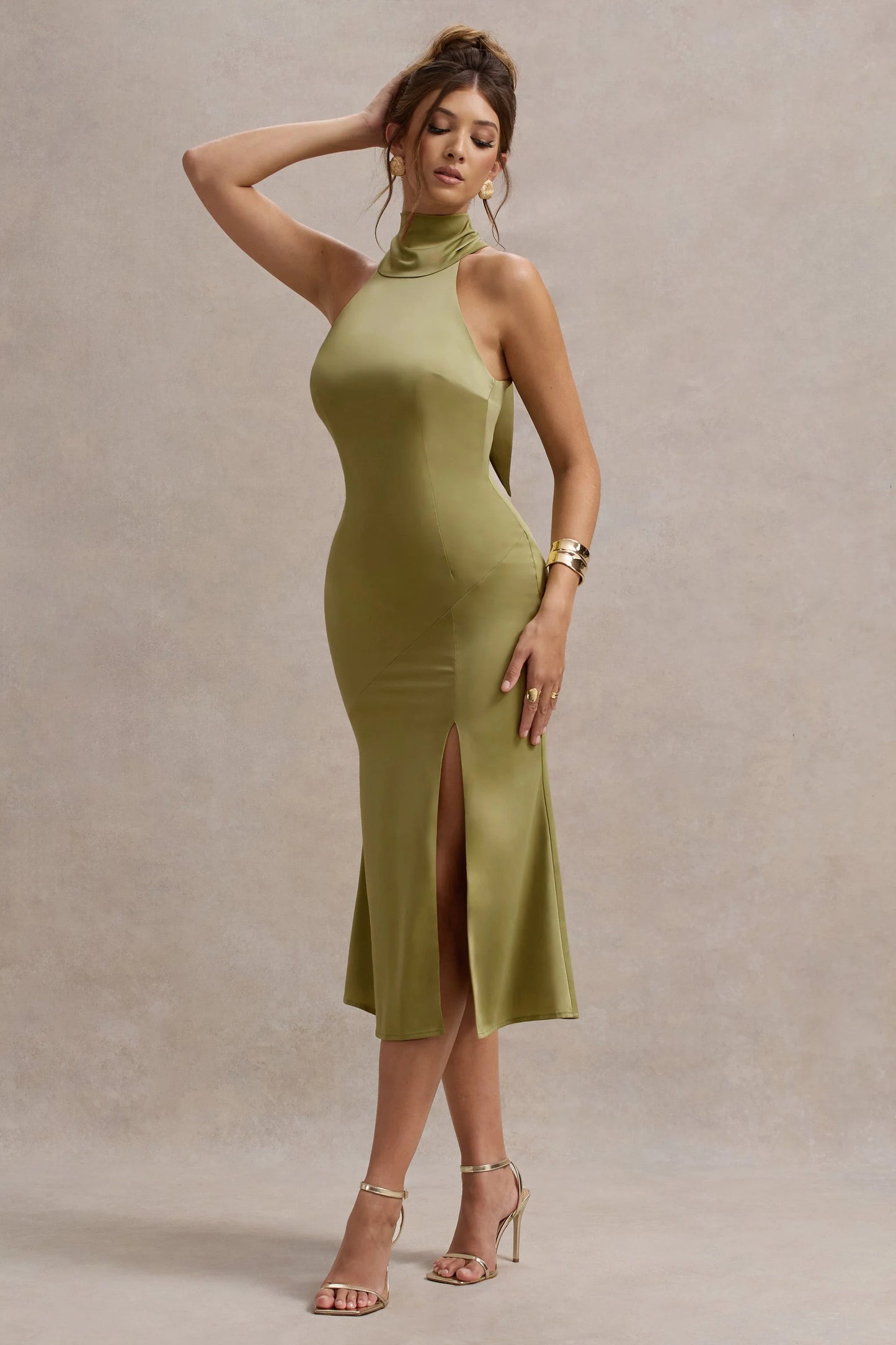 Violette Olive Satin High-Neck Split Midi Dress