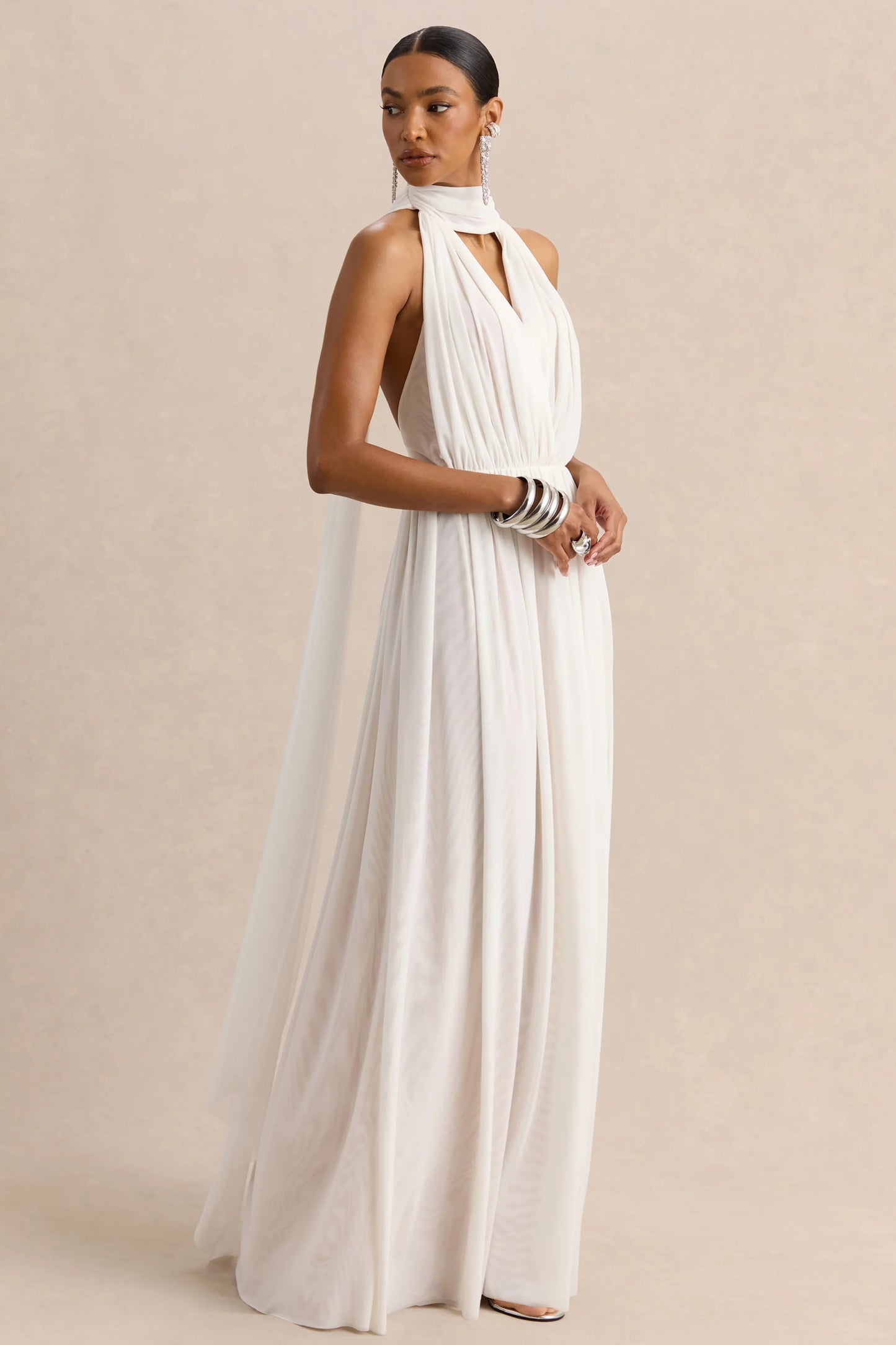 Rylina White Mesh Halter-Neck Maxi Dress With Scarf And Open-Back