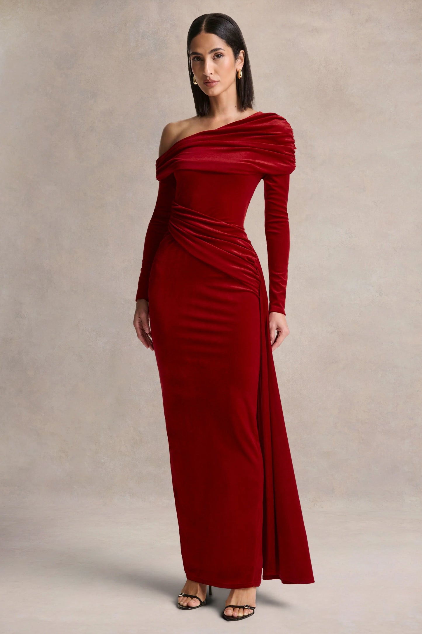 Hadria Red Velvet Asymmetric-Neck Maxi Dress With Sash-Detail