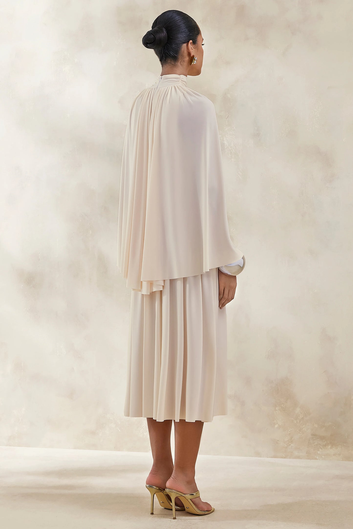 Honora Cream High-Neck Midi Dress With Cape-Sleeves