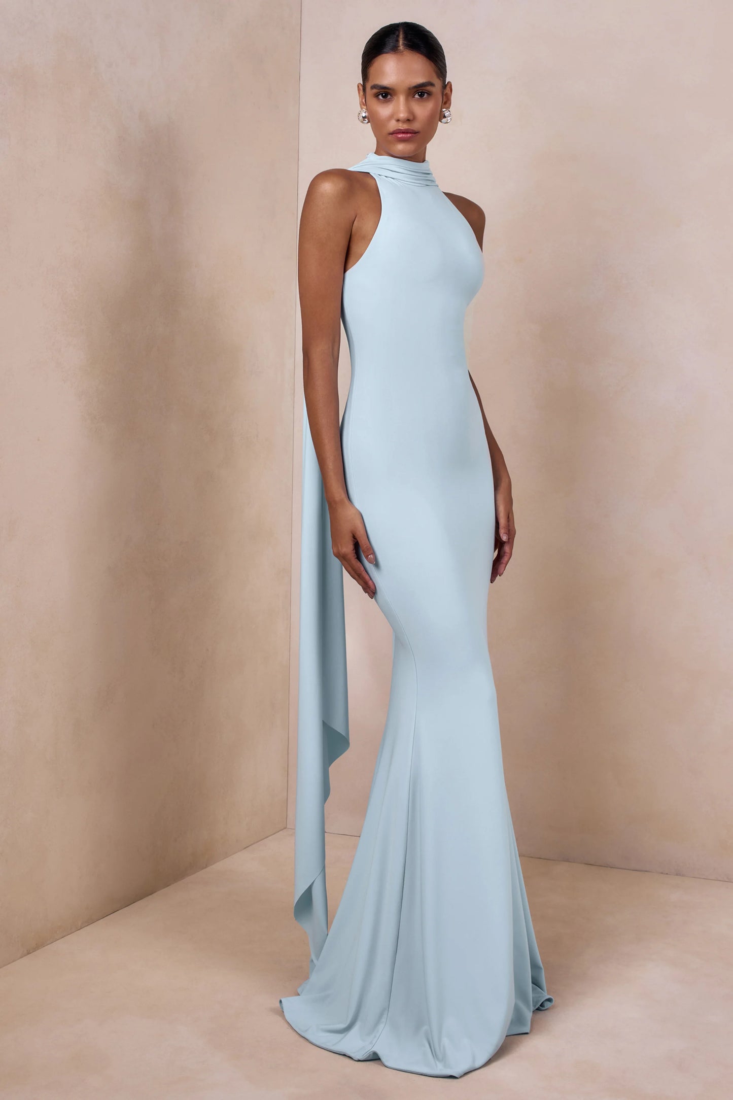 Cordy Powder Blue High-Neck Maxi Dress With Cape