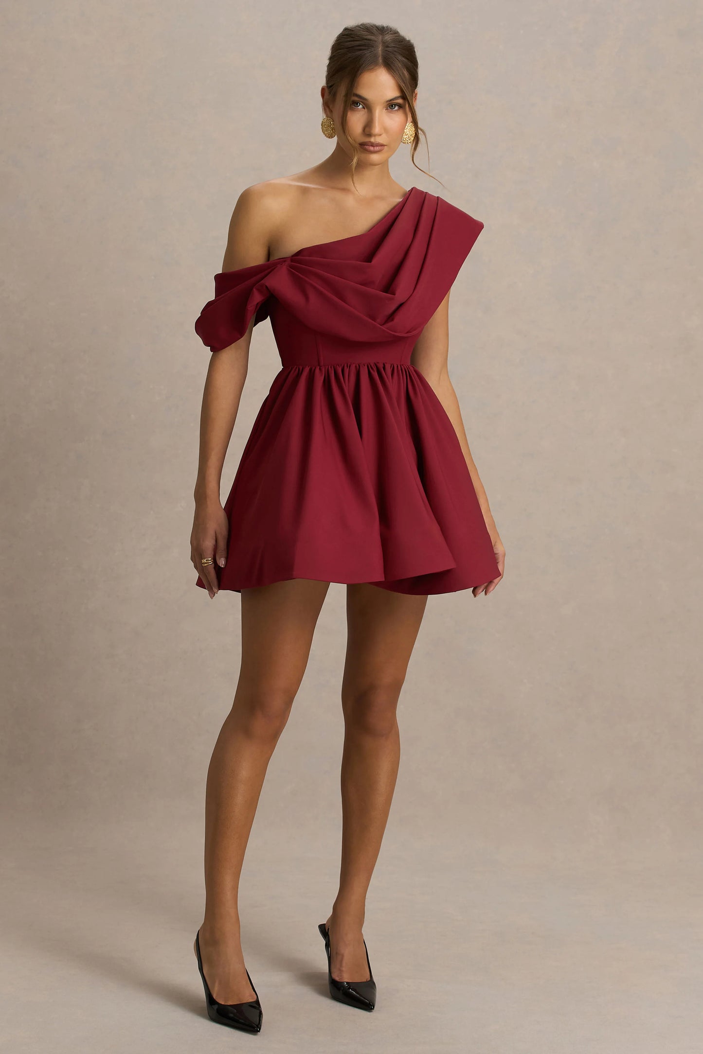 Verona Burgundy Draped Asymmetric-Neck Skater Mini Dress