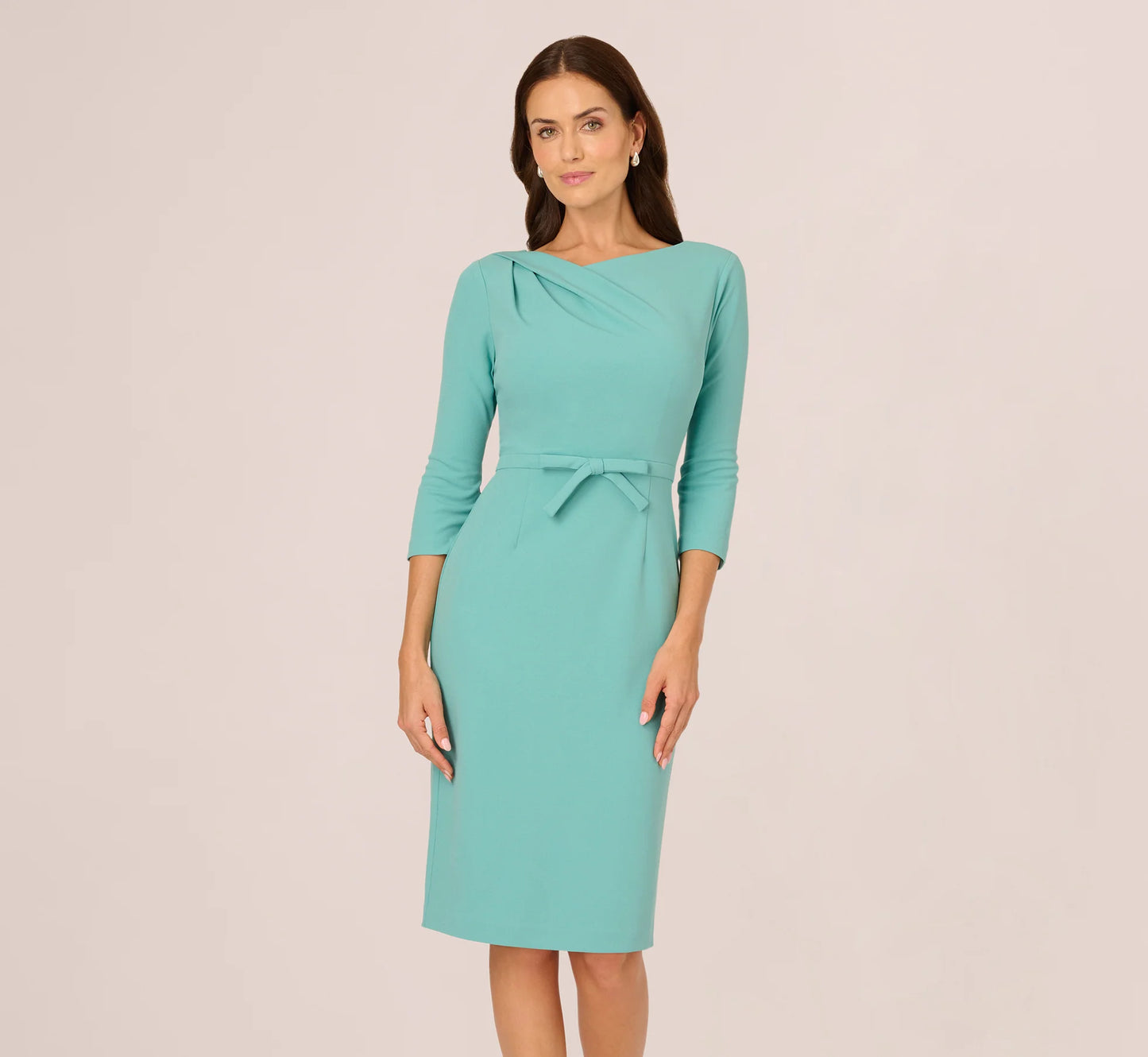 Three Quarter Sleeve Drape Collar Sheath Dress In Smoky Jade