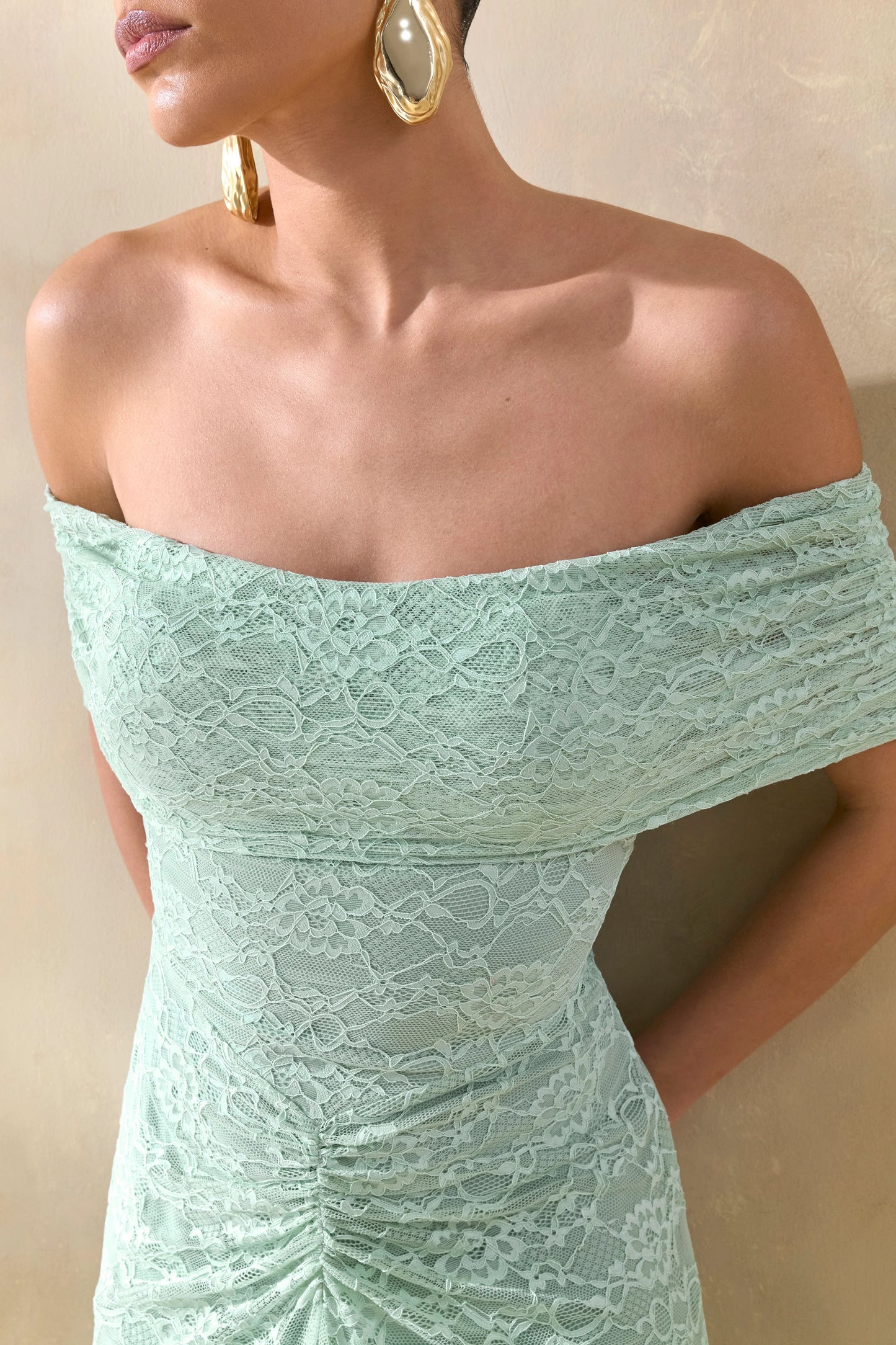 Elinor Sage Lace Bardot-Neck Maxi Dress With Gathered-Detailing