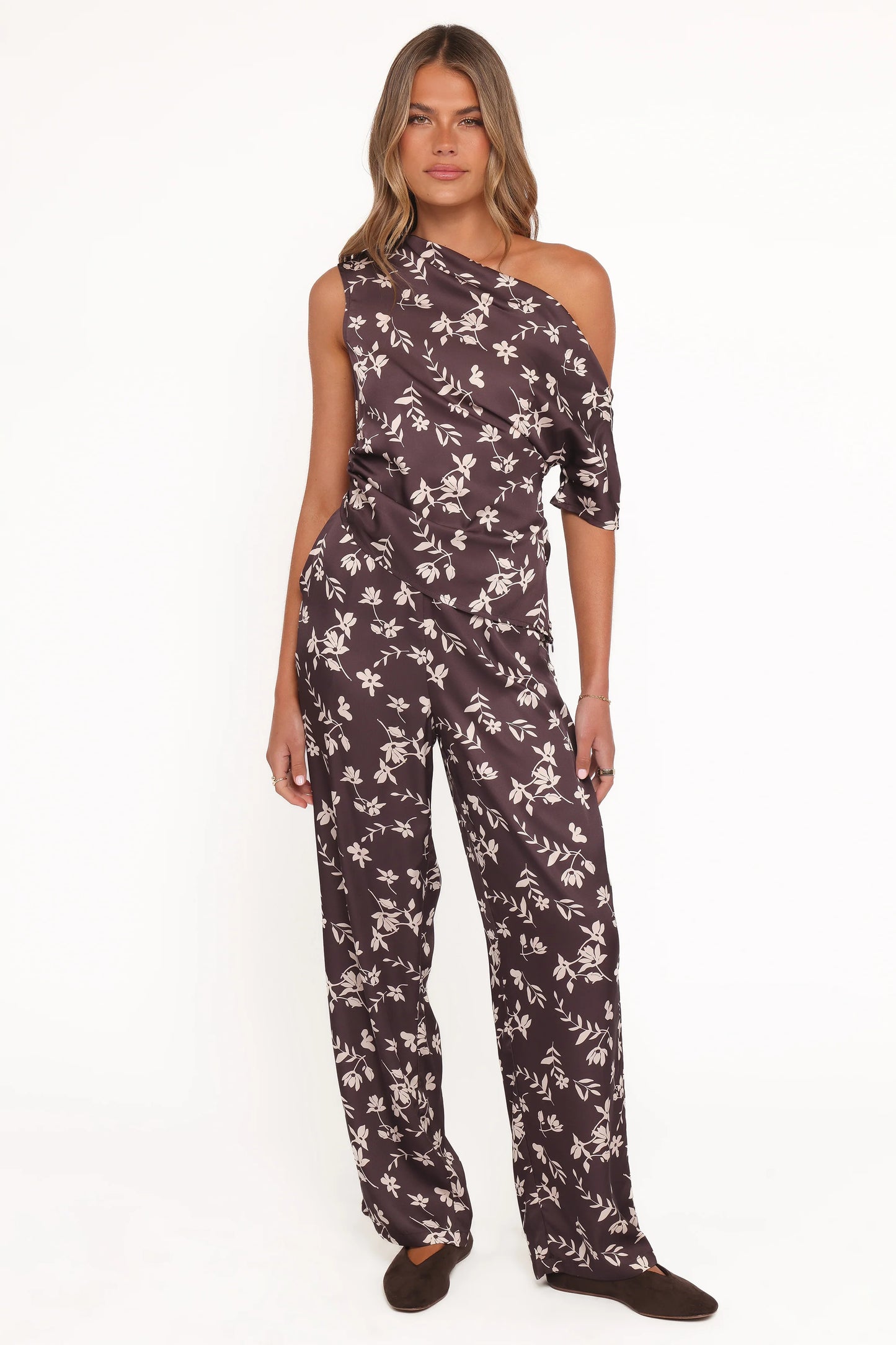 Romola Off Shoulder Top - Brown Cream Floral