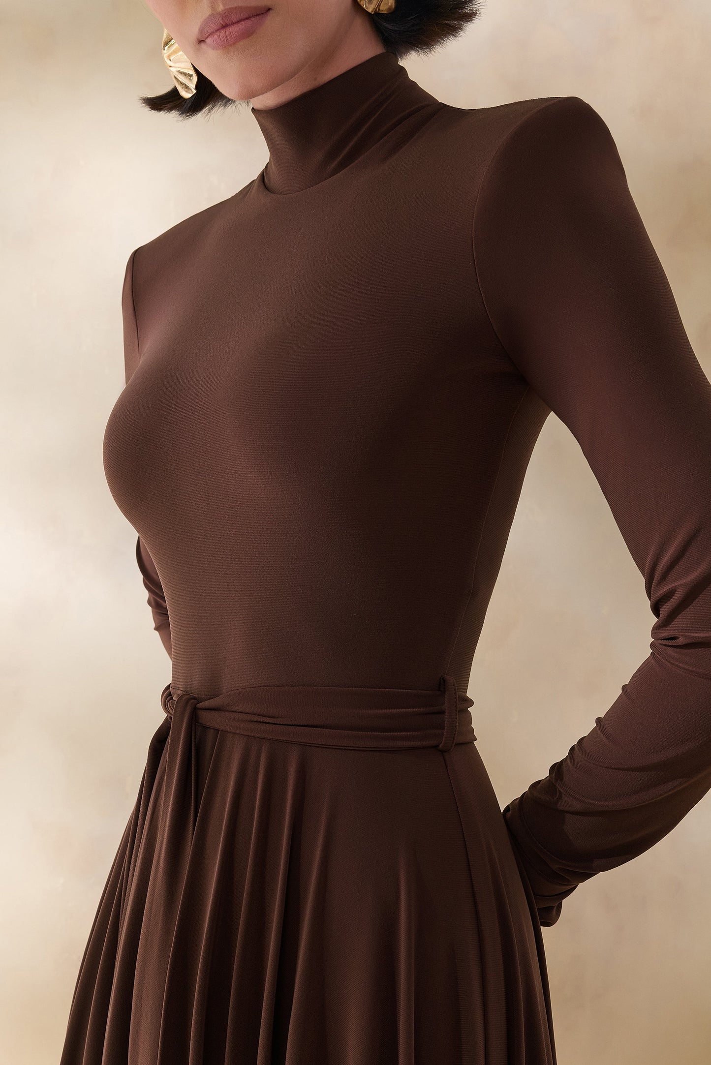 Opalia Brown High-Neck Belted Midi Dress
