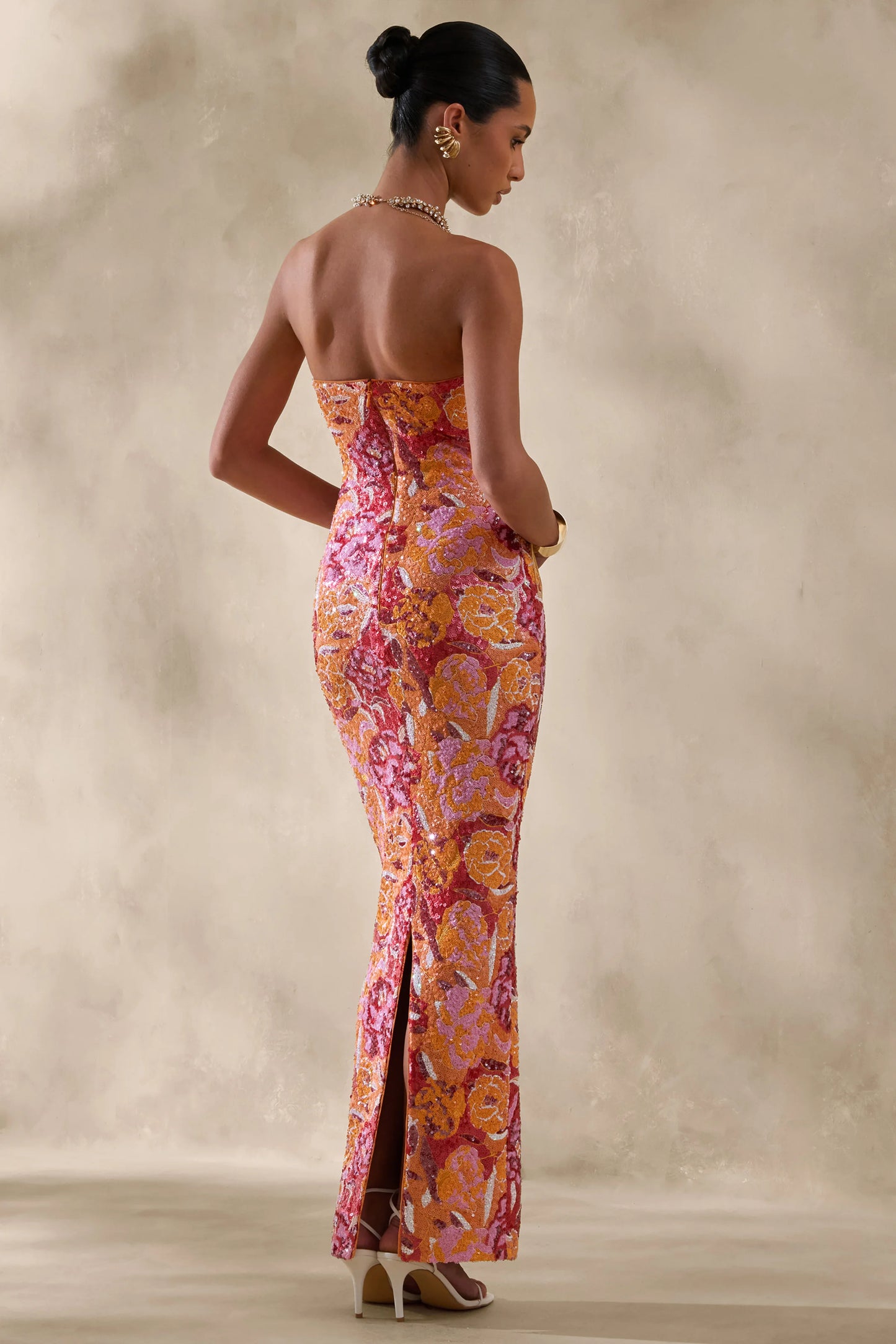 Mabel Orange Floral Sequin Bandeau-Neck Maxi Dress