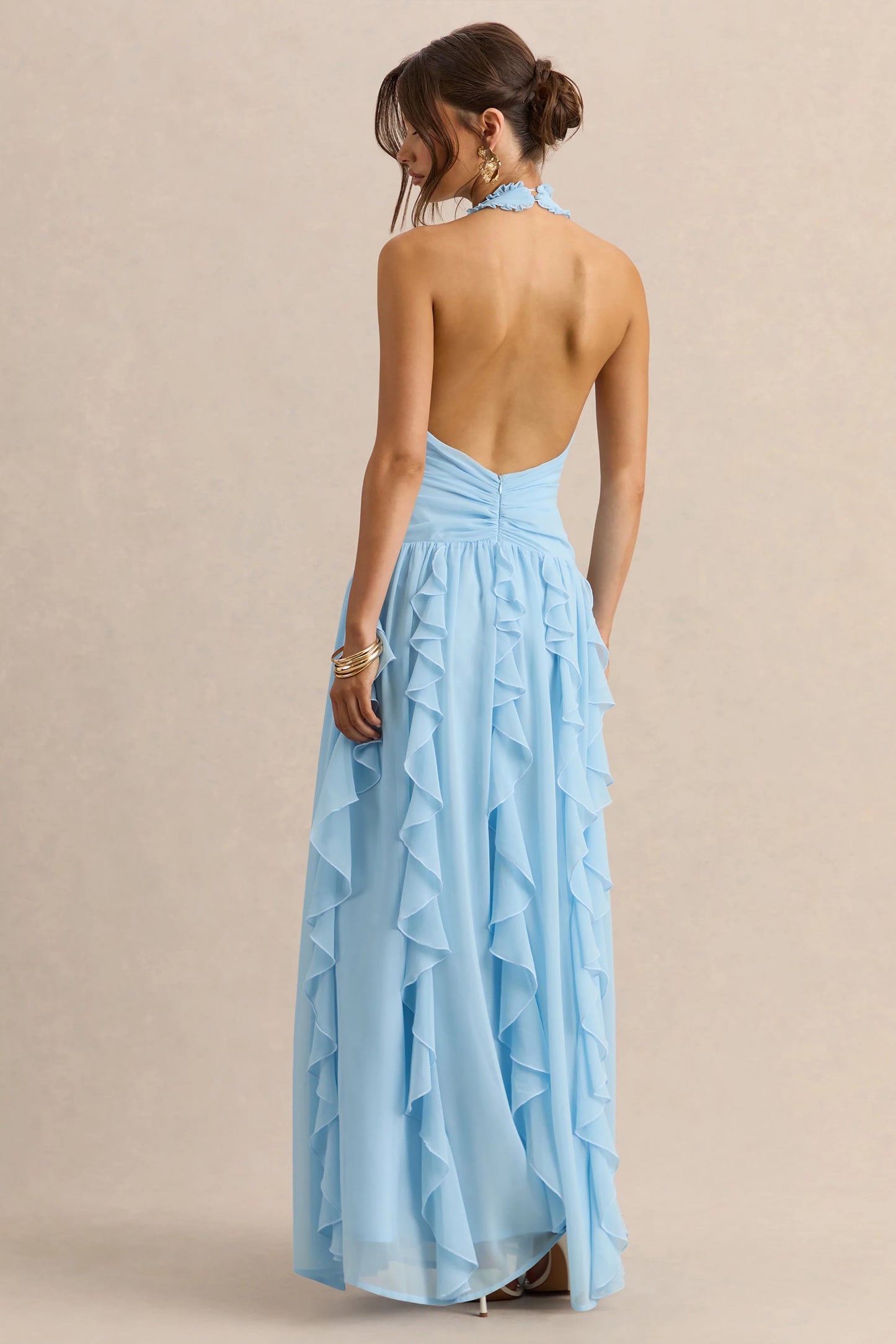 Bea Powder Blue Plunge-Neck Ruffled Maxi Dress